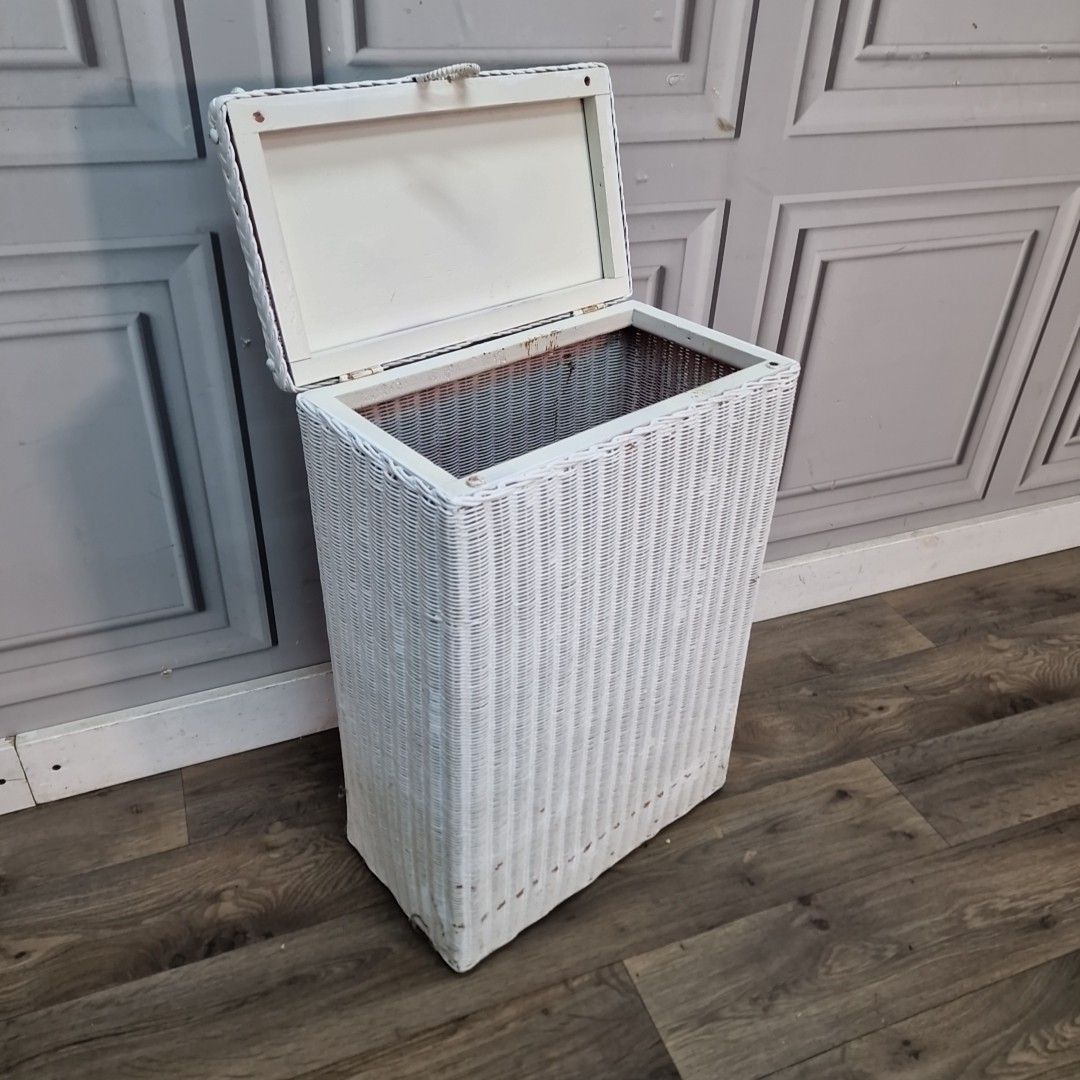 photo furniture Vintage Loom Laundry Basket White Wicker Style Ottoman Bedroom Storage Retro Mcm