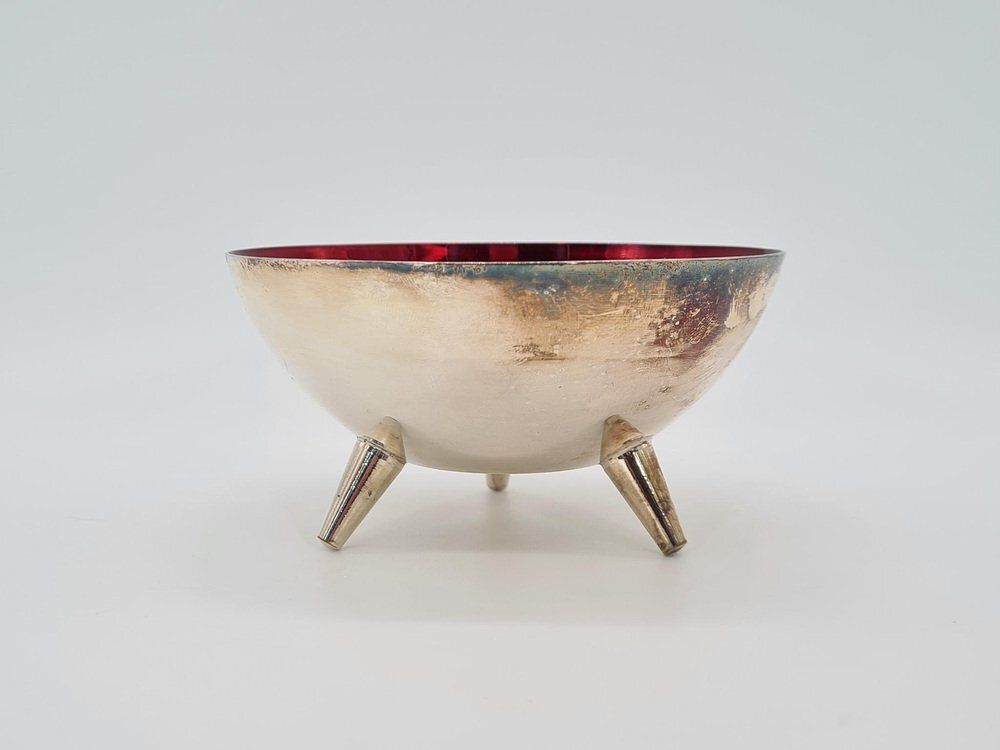 Swedish Decorative Bowl In Silver Plated Metal And Red Glass From Salvi Plet, 1960s photo Home Decor