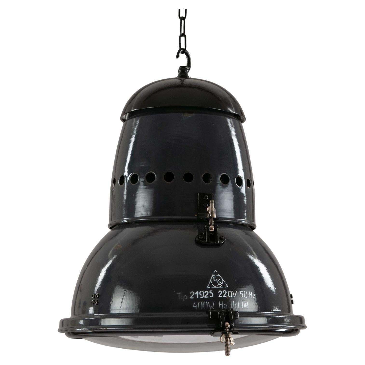 1950s Hungarian Large Black Vitreous Enamel Industrial Railway Pendant Light