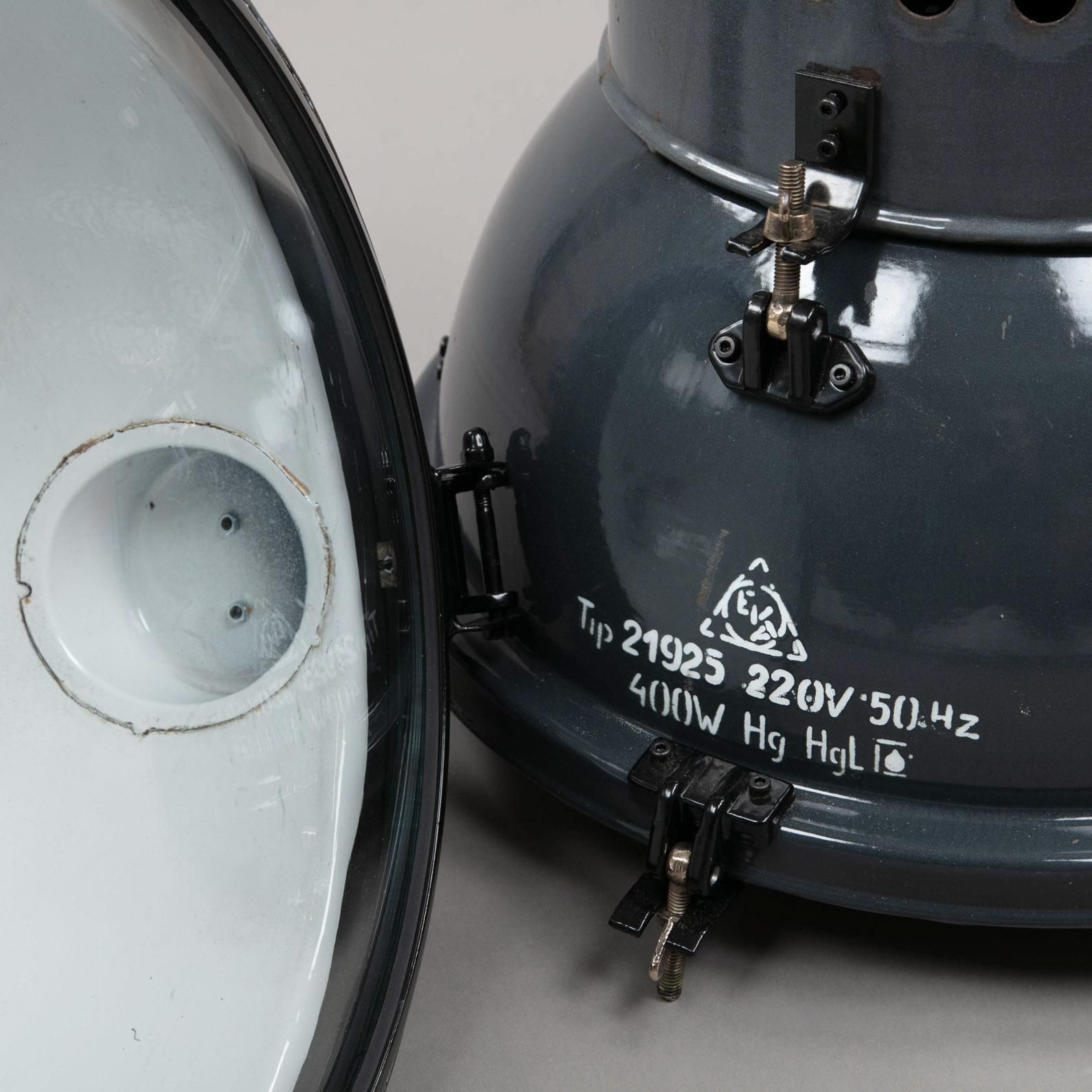 1950s Hungarian Large Black Vitreous Enamel Industrial Railway Pendant Light photo for sale