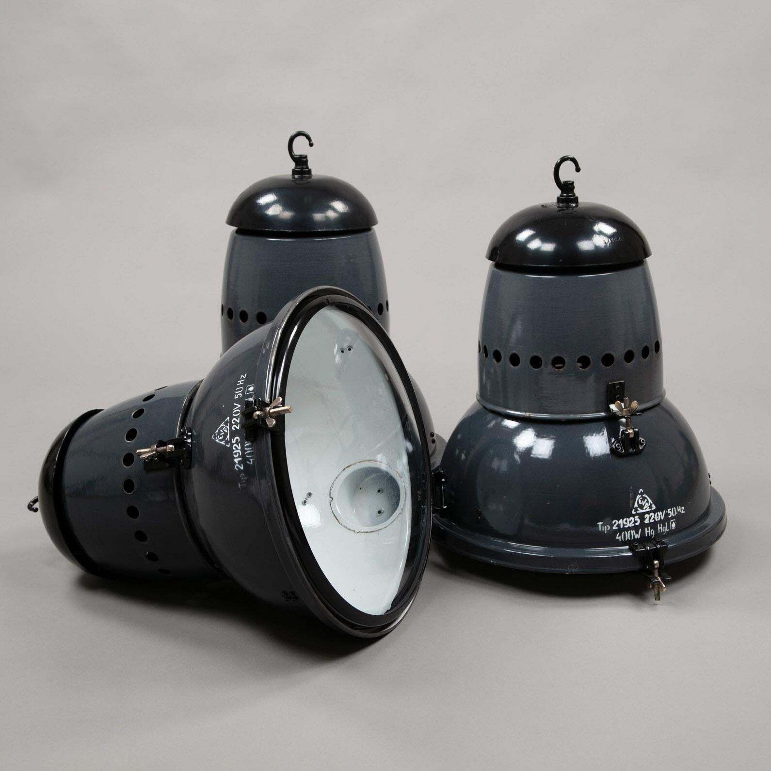 1950s Hungarian Large Black Vitreous Enamel Industrial Railway Pendant Light photo buy