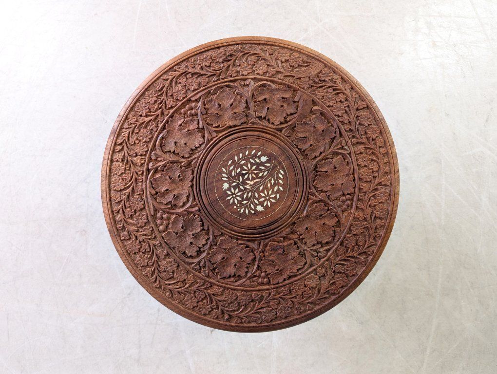 Hand Carved Tea Table, Art Deco Coffee Table, India, Walnut photo Furniture