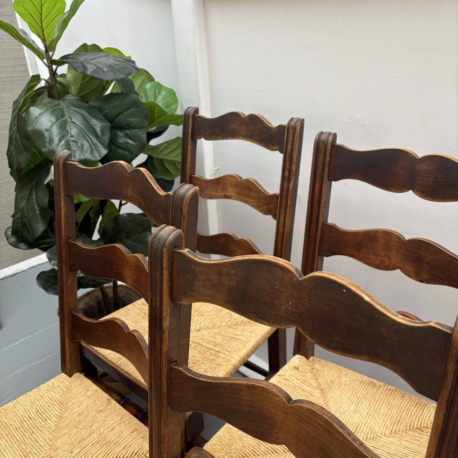 Four French Country Provincial Ladder Back Rush Seat Farmhouse Dining Chairs photo vintage