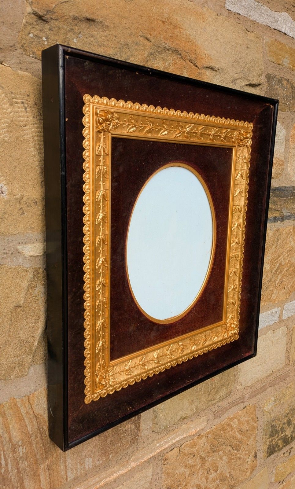 Rare Victorian Oval Gilt Frame Deep Glazed Box Ebony Velvet Mount  (I) photo furniture