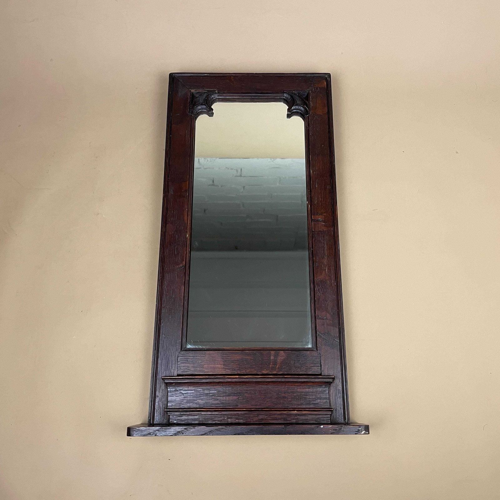 Mid Century Wall Mirror Hallway Cloakroom Mirror Carved Wooden Frame Shelf Victorian Style Dark Stained Sold Wood Accent Decor