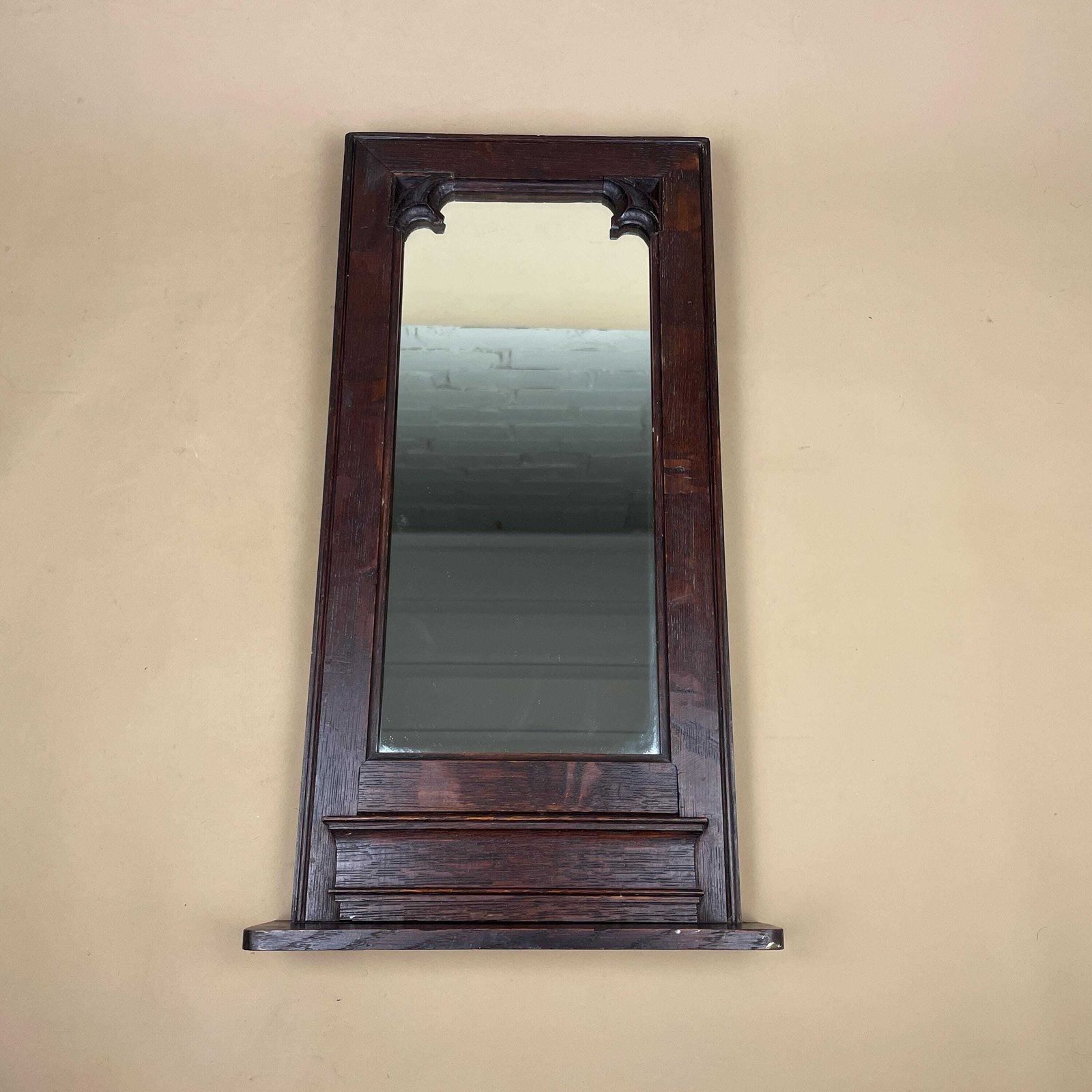 Mid Century Wall Mirror Hallway Cloakroom Mirror Carved Wooden Frame Shelf Victorian Style Dark Stained Sold Wood Accent Decor photo furniture