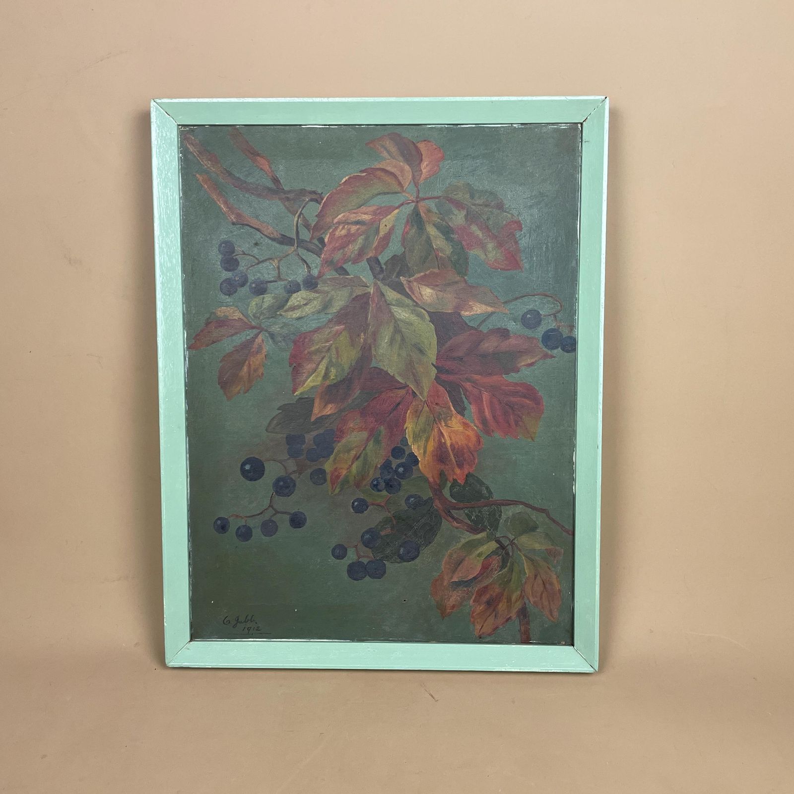 Antique Oil Painting 1912 Signed Gull Leaves Berries Framed Original Autumn Botanical Picture Still Life Art Original Artwork Portrait photo vinterior
