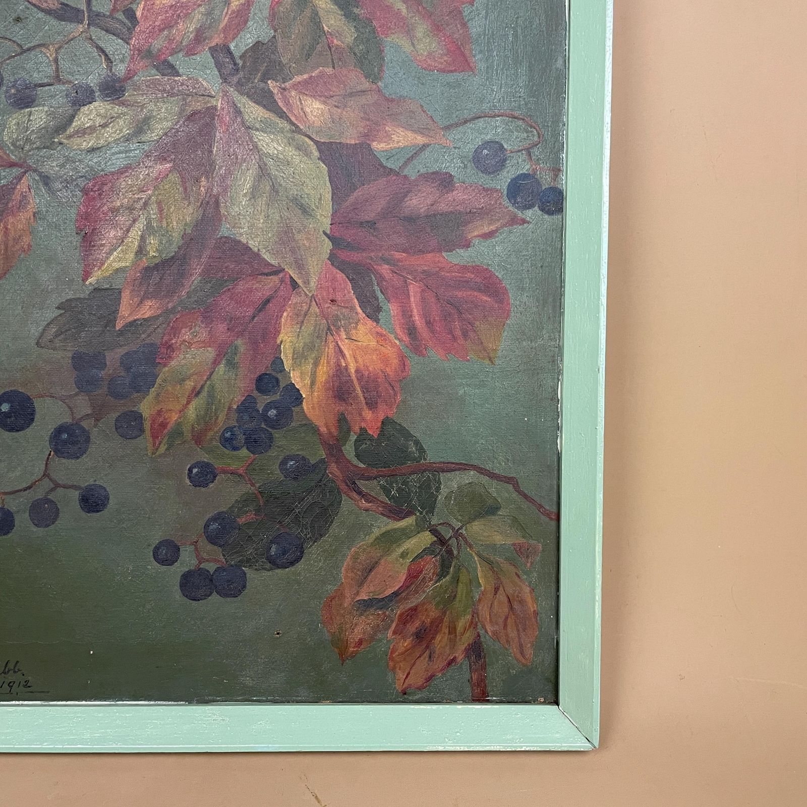 Antique Oil Painting 1912 Signed Gull Leaves Berries Framed Original Autumn Botanical Picture Still Life Art Original Artwork Portrait photo vintage