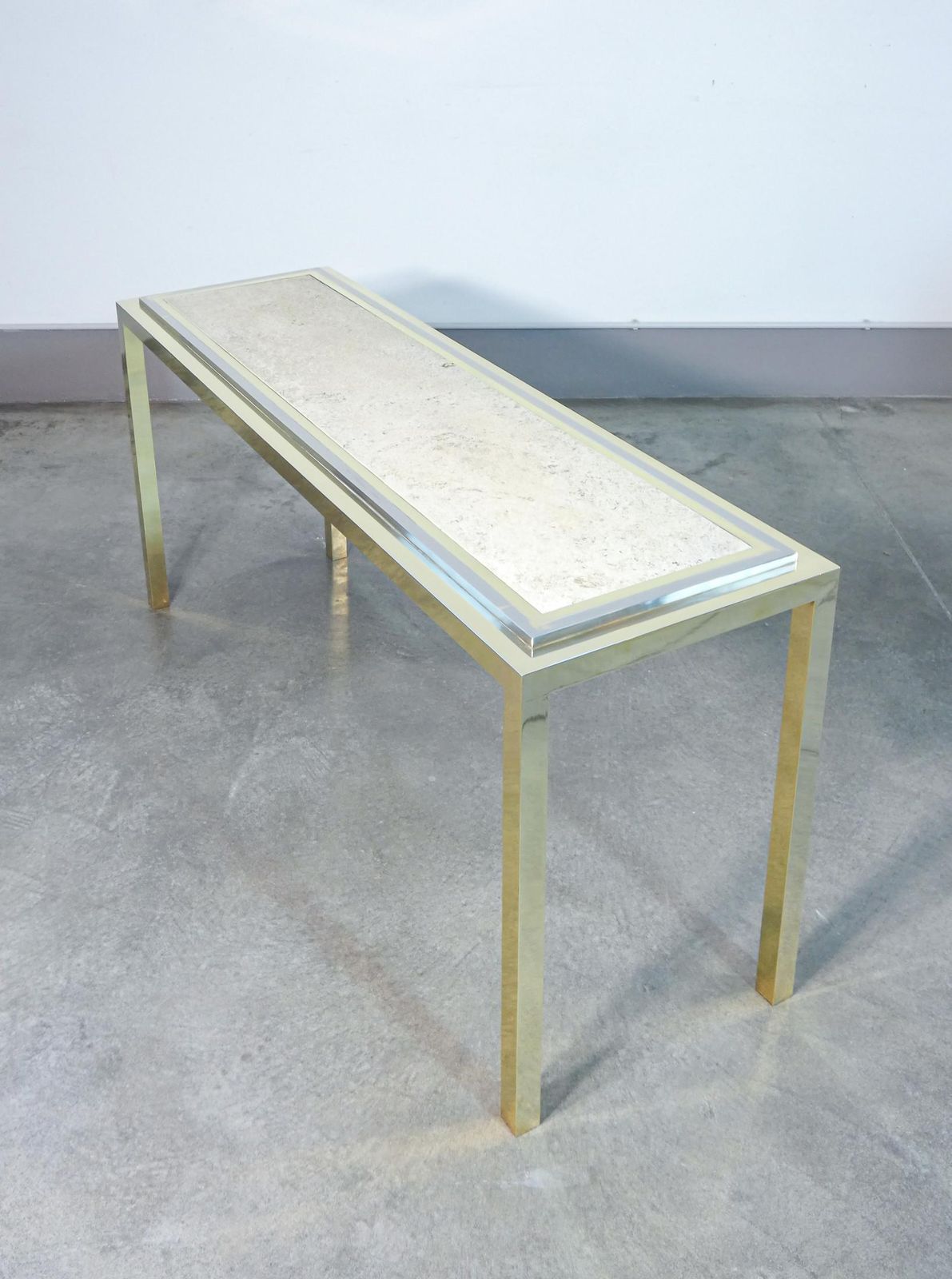 Italian Design Console Table, Made Of Chrome Plated Metal With Travertine Top. 1970s photo Furniture