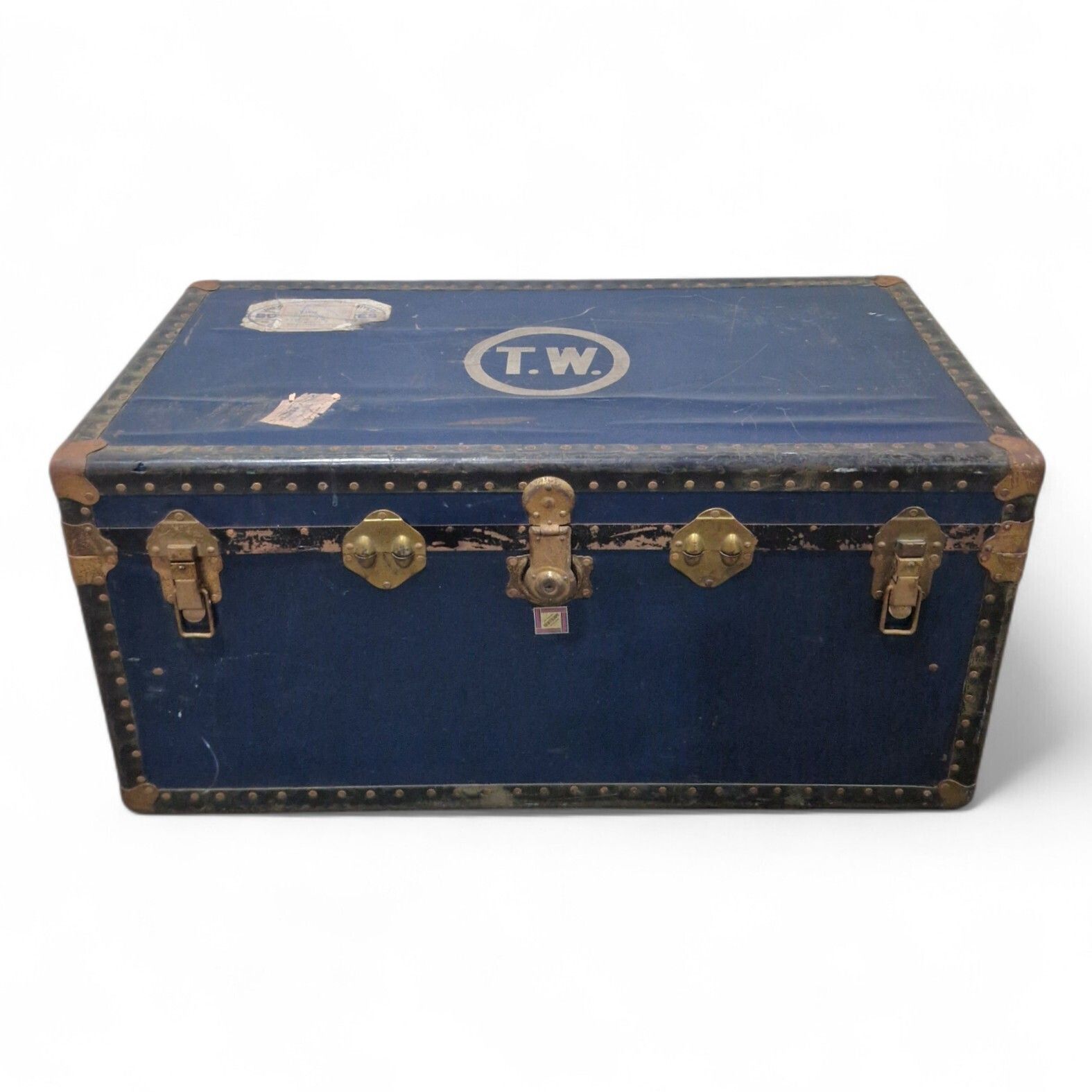 Vintage Blue Metal Trunk Travel Labels Steamer Chest With Trays Storage Box photo for sale