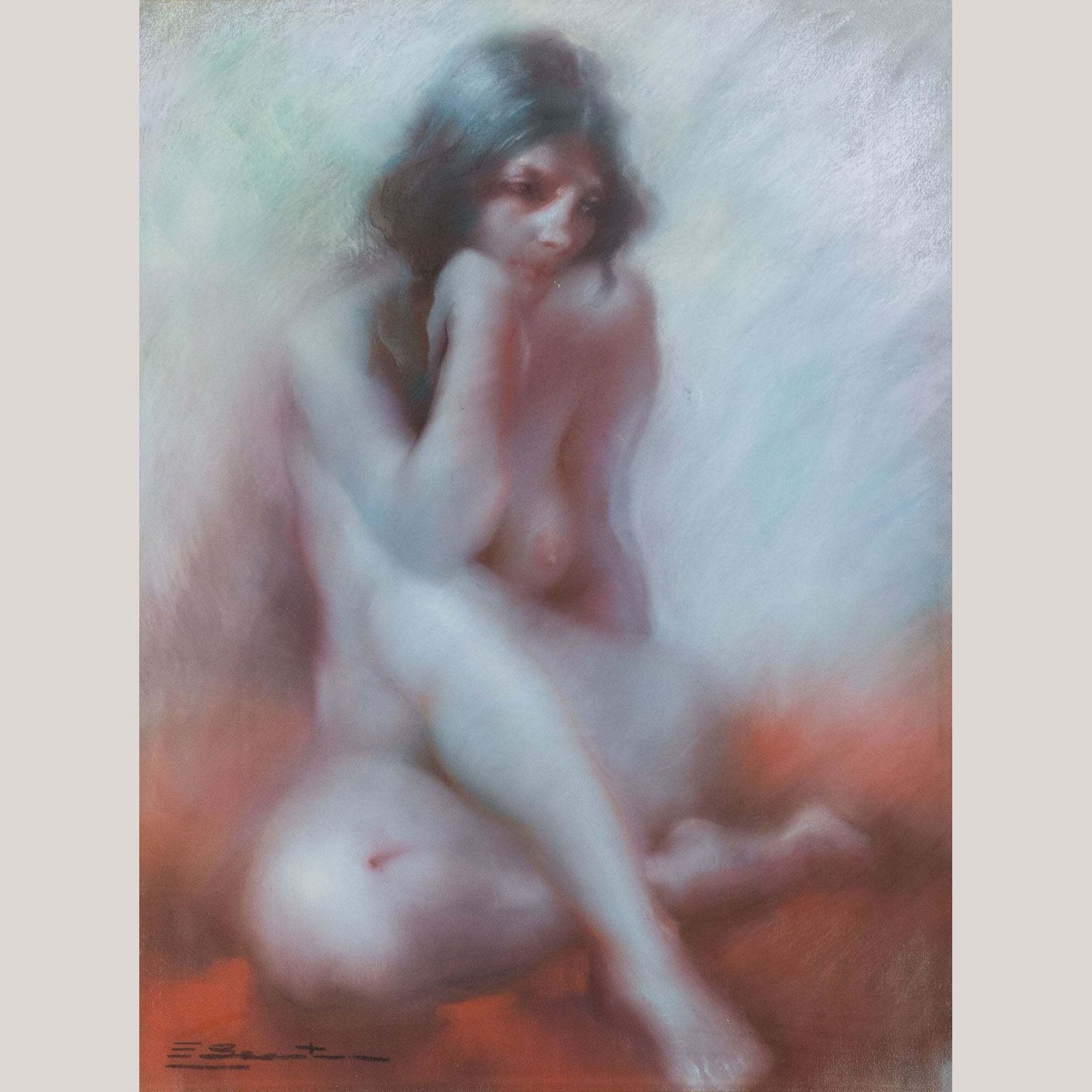 Zittend Vrouwelijk Naakt – Pastelstudie, Gesigneerd
