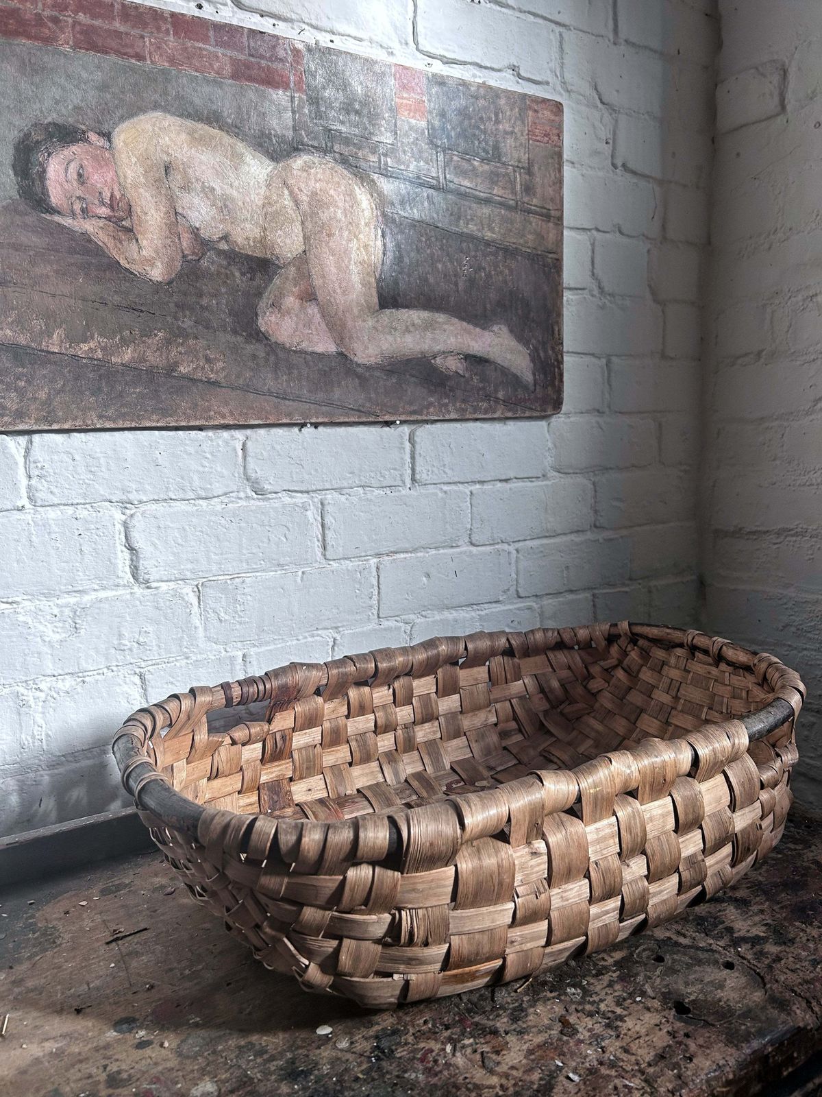 Vintage Large Coppiced Wood Oak Swill Basket photo furniture