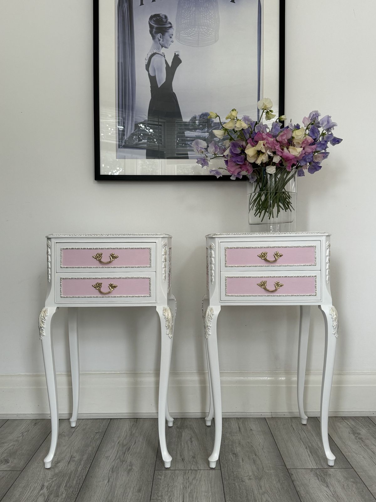 Olympus Bedside Tables, French Style, Side Tables , White And Pink , Hand Painted . photo Furniture