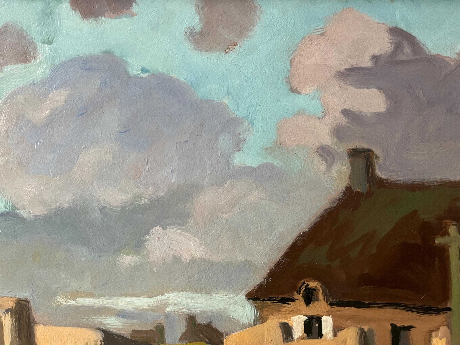 Groot Olieverfschilderij Op Paneel, Franse Bretonse Dorpsgezicht, Ca. Jaren 1950, Ingelijst Landschap photo vintage