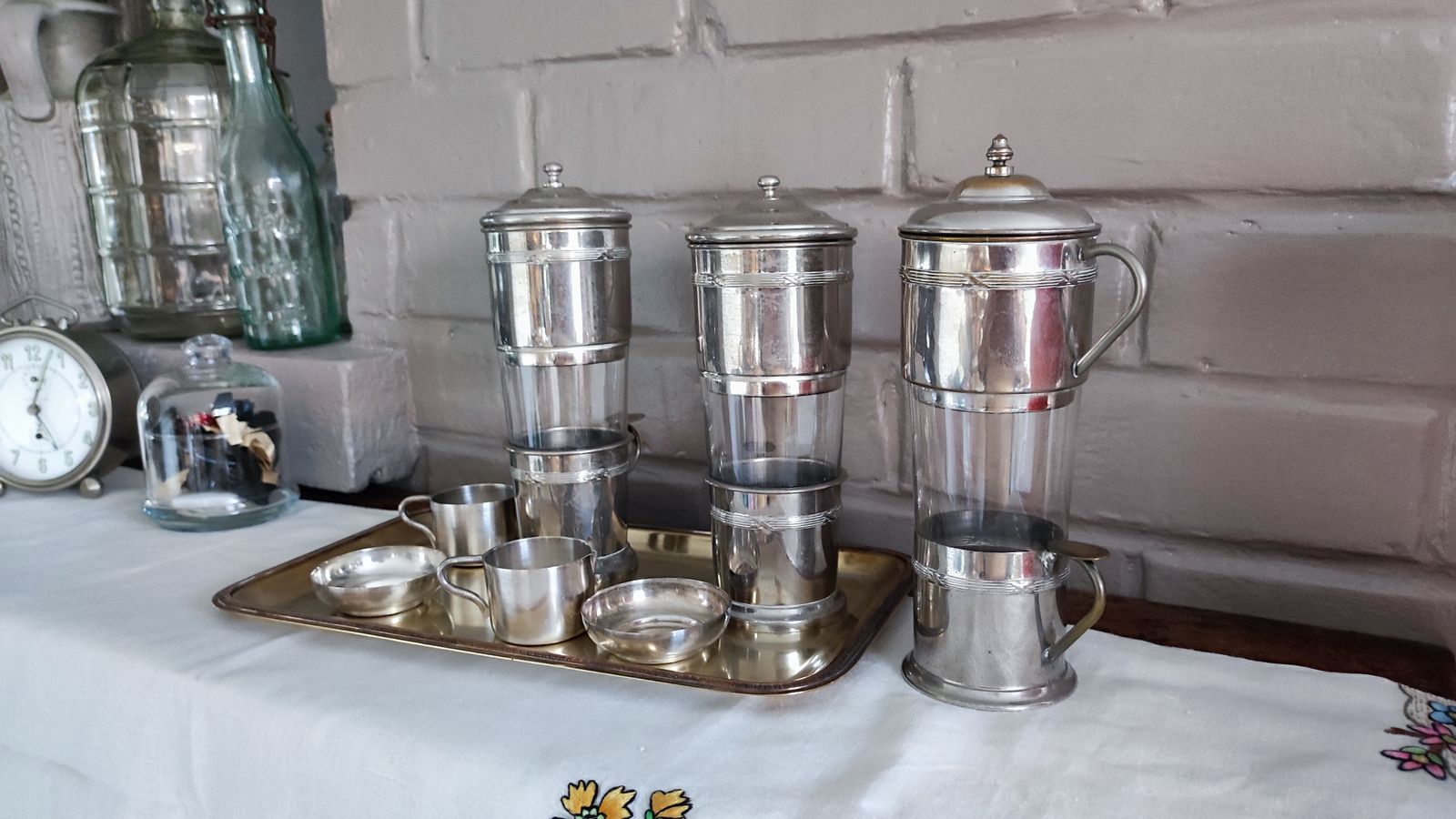 French Silver Plate Coffee Cups Filter Set With Tray, S/8