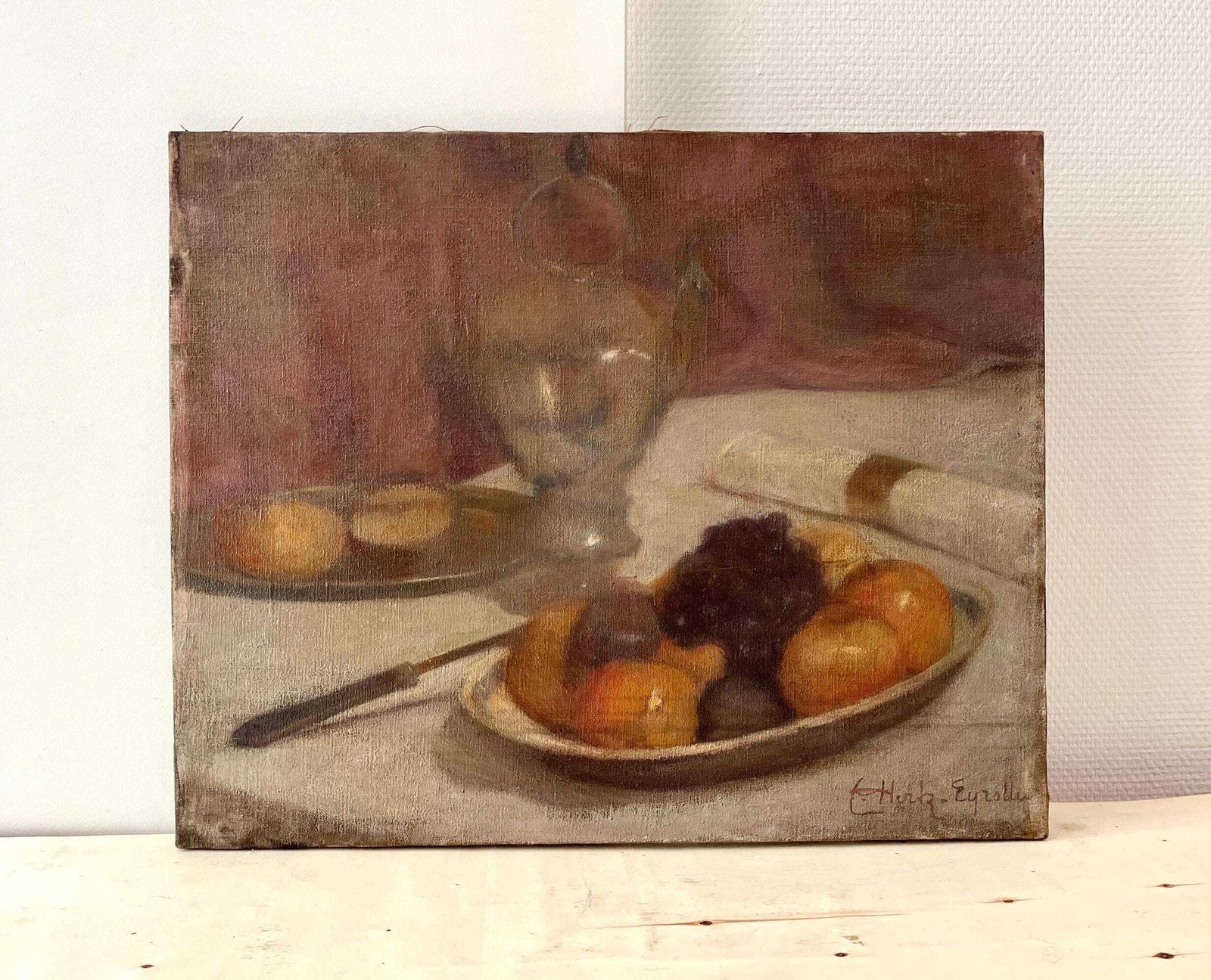 Original 1930's Oil On Canvas "The Fruit Dish", Antique French Painting, Fruits And Decanter Signed Still Life photo furniture