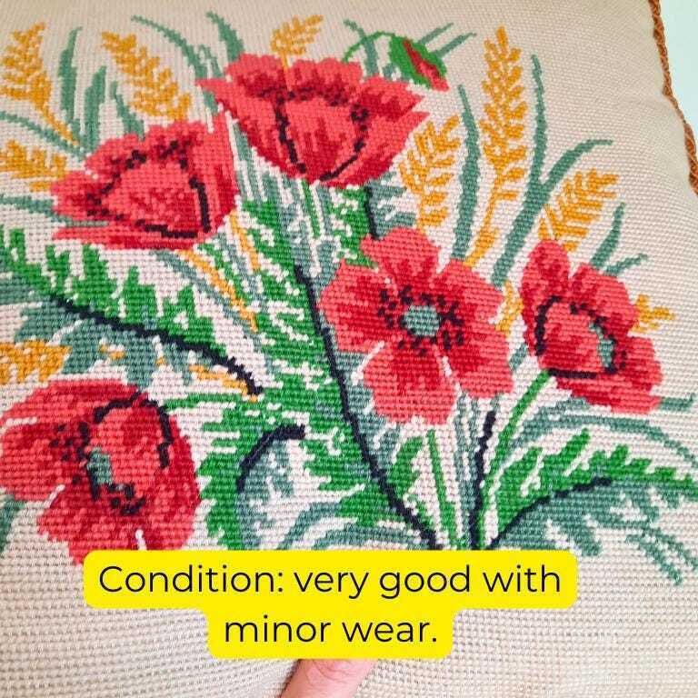 Vintage Cottagecore Floral Poppies Needlepoint Cushion Velvet Back 16'' Tall Earthy Tones photo 50.0