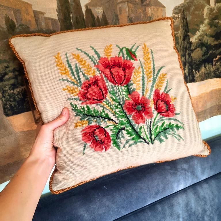 Vintage Cottagecore Floral Poppies Needlepoint Cushion Velvet Back 16'' Tall Earthy Tones photo vinterior