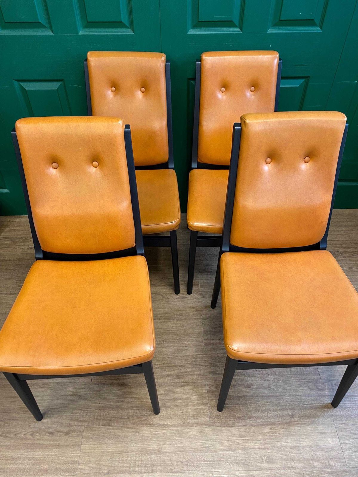 Set Of Four Vintage Mid Century 1970s Black And Orange Vinyl High Button Back Dining Chairs photo furniture