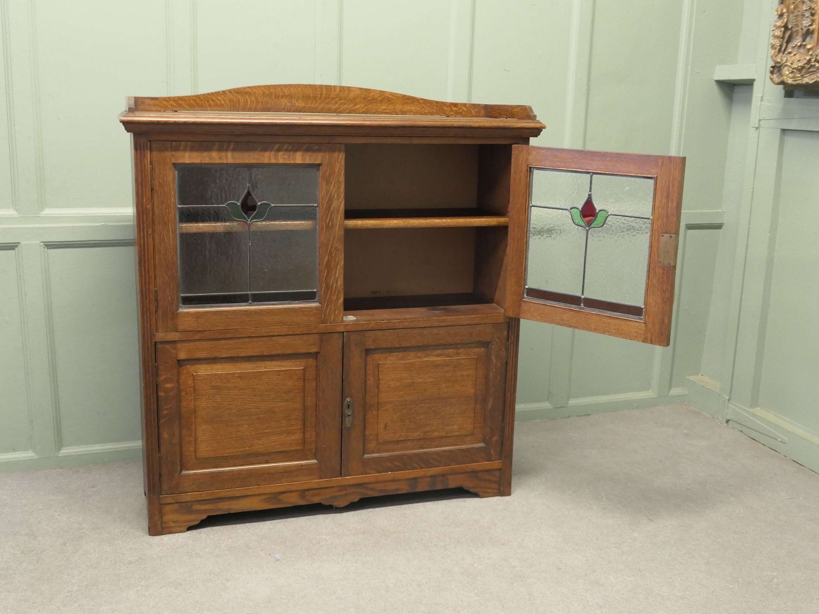 Arts And Crafts Oak Stained Glass Bookcase. photo furniture