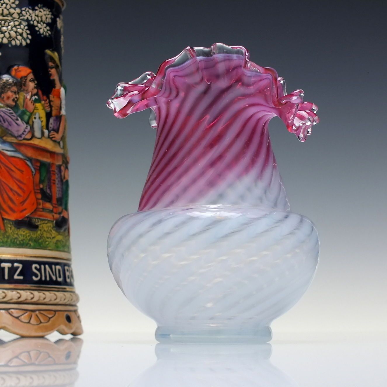Antique Opalescent Swirl Cranberry Glass Vase C1910 30
