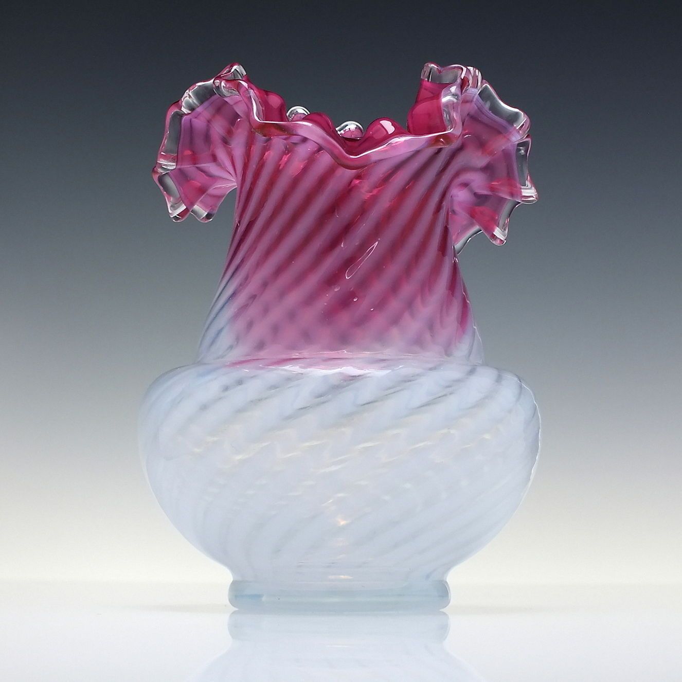 Antique Opalescent Swirl Cranberry Glass Vase C1910 30 photo for sale