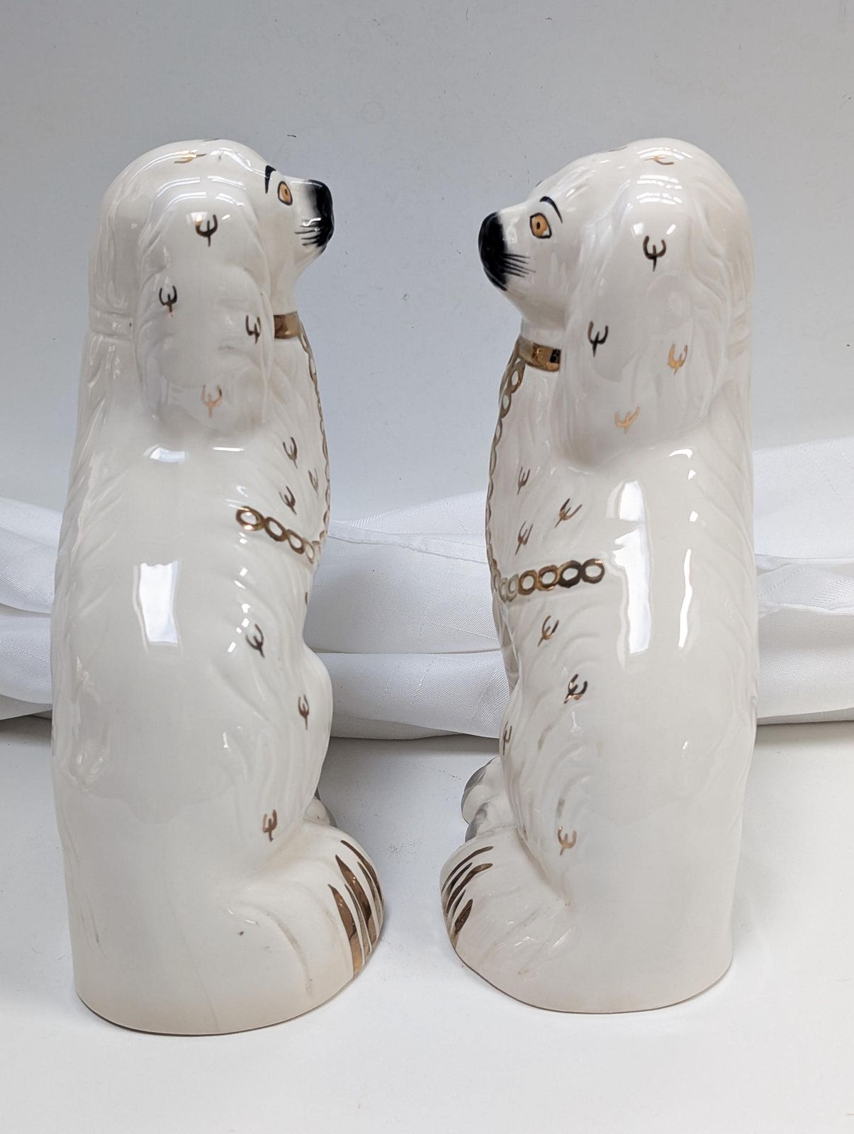 photo for sale Pair Of Royal Doulton Mantel Dogs 1378 4 – Black, White & Gold – 8” Tall – Lovely Vintage Condition.