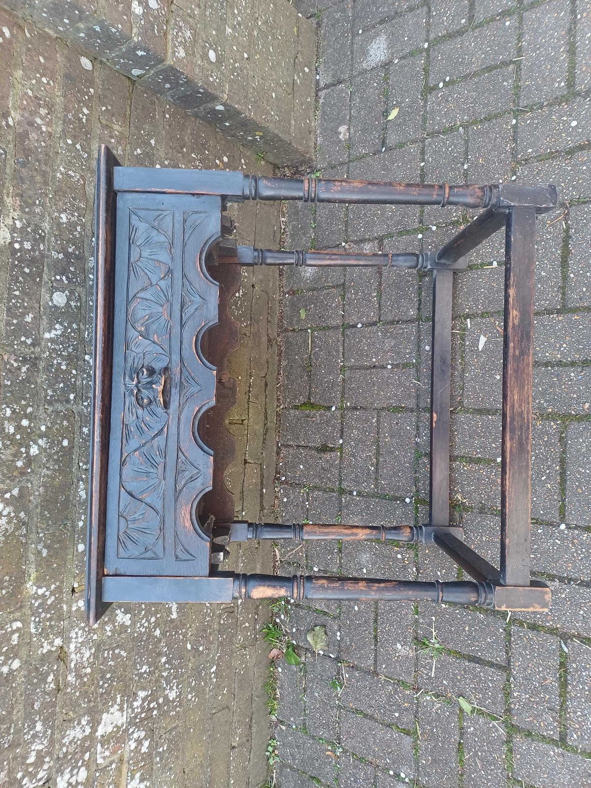photo buy Antique C1910–1920 Solid Oak Pussyfoot Side Table – Carved Top, Gothic Detail, Turned Legs, Distressed Original Finish