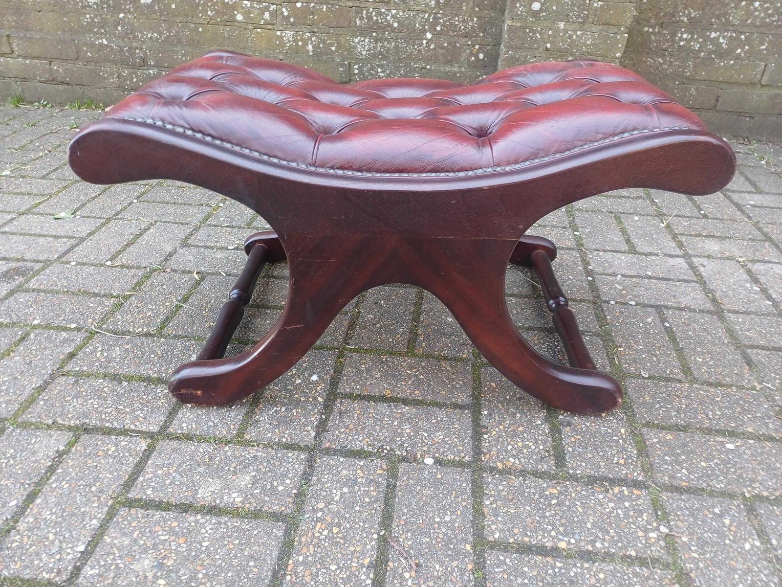 photo for sale Vintage 1980s Mahogany Style Buttoned Footstool – Red Tufted Upholstery, Brass Stud Detail, Sturdy Repro Classic