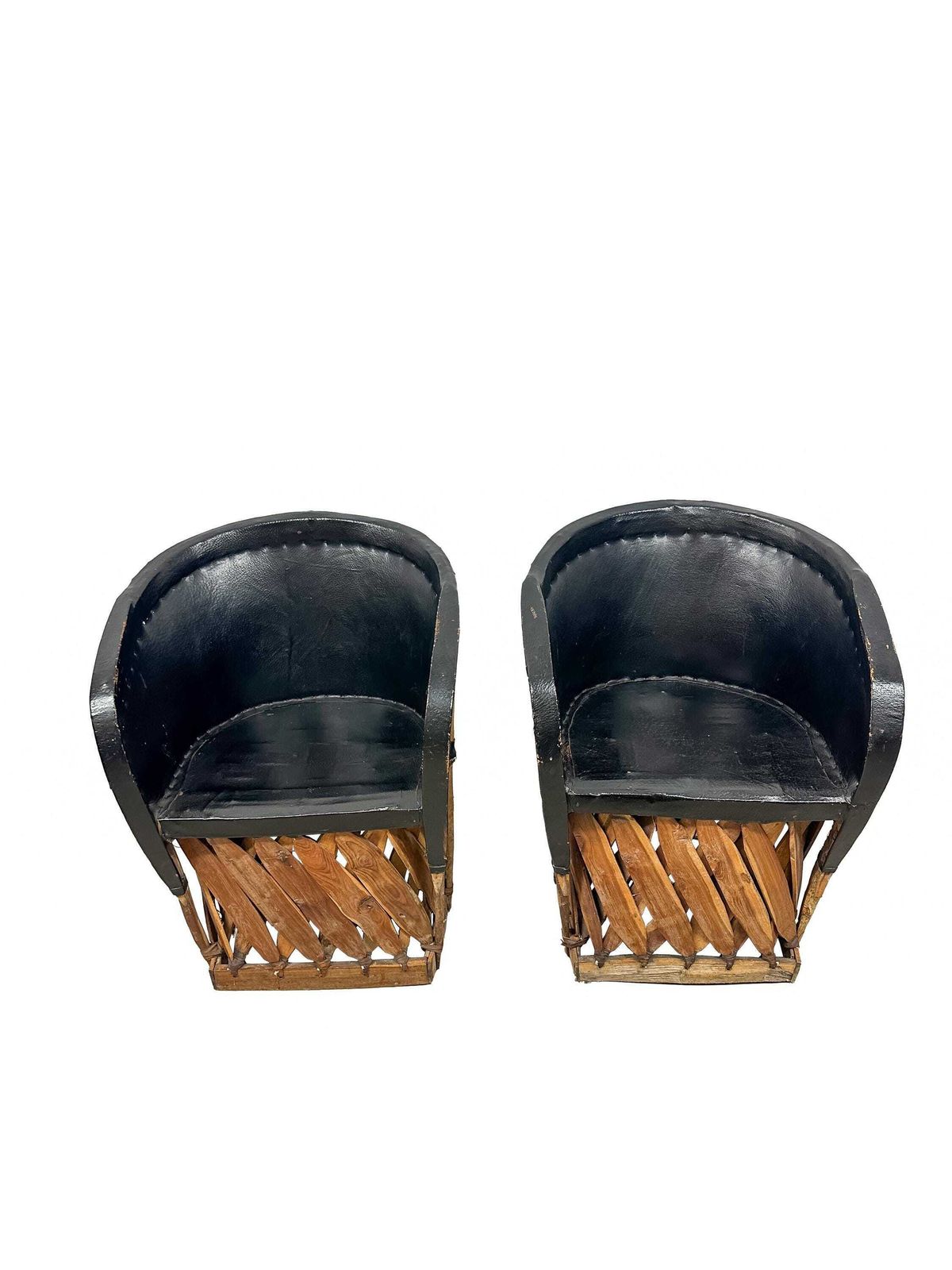 Pair Vintage Equipale Barrel Tub Chairs Black Tan Leather   Mexican Rustic Folkart Style. photo furniture