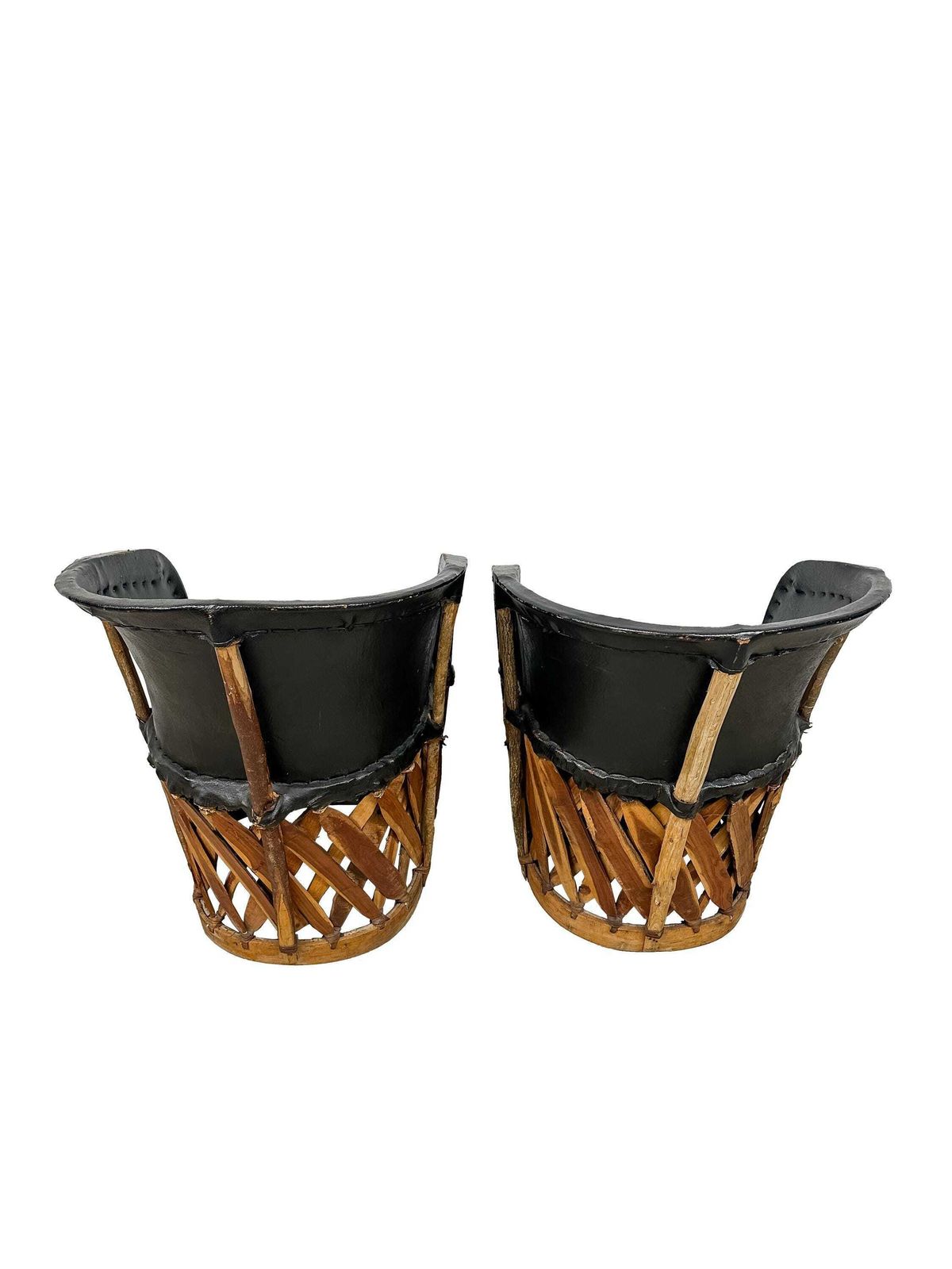 Pair Vintage Equipale Barrel Tub Chairs Black Tan Leather   Mexican Rustic Folkart Style. photo 320.0