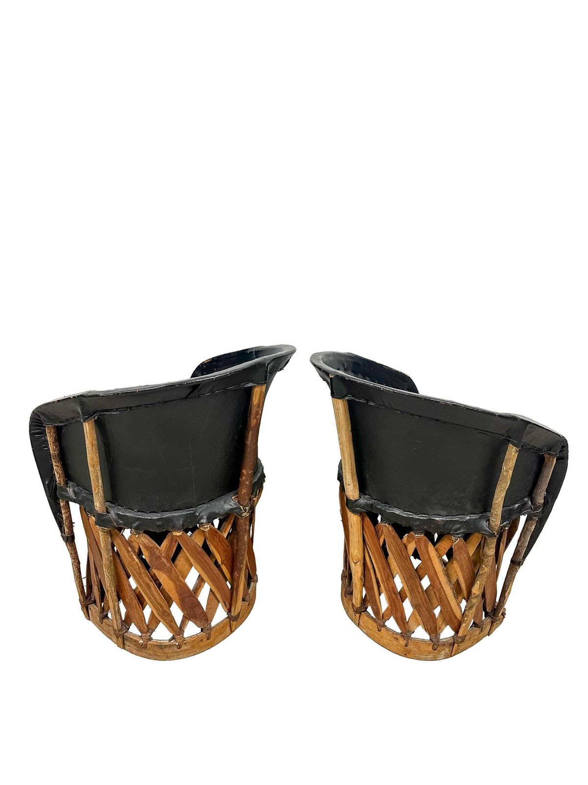 Pair Vintage Equipale Barrel Tub Chairs Black Tan Leather   Mexican Rustic Folkart Style. photo vinterior