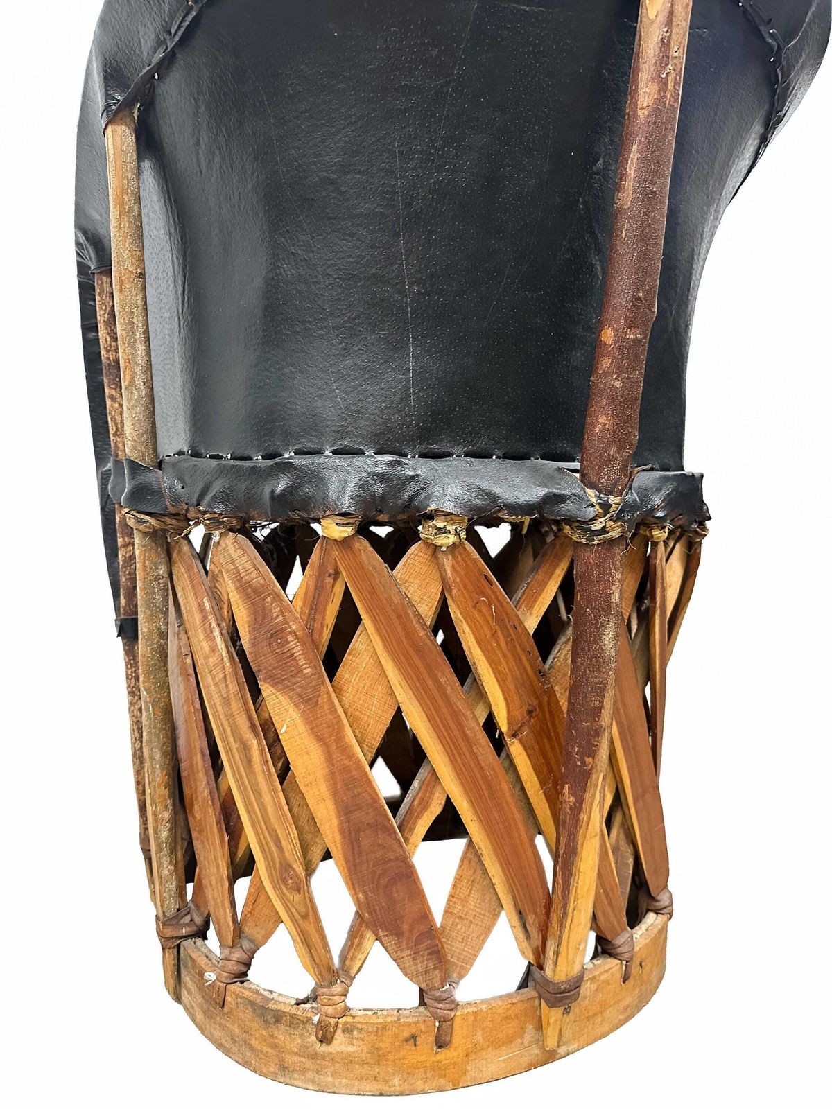 Pair Vintage Equipale Barrel Tub Chairs Black Tan Leather   Mexican Rustic Folkart Style. photo buy