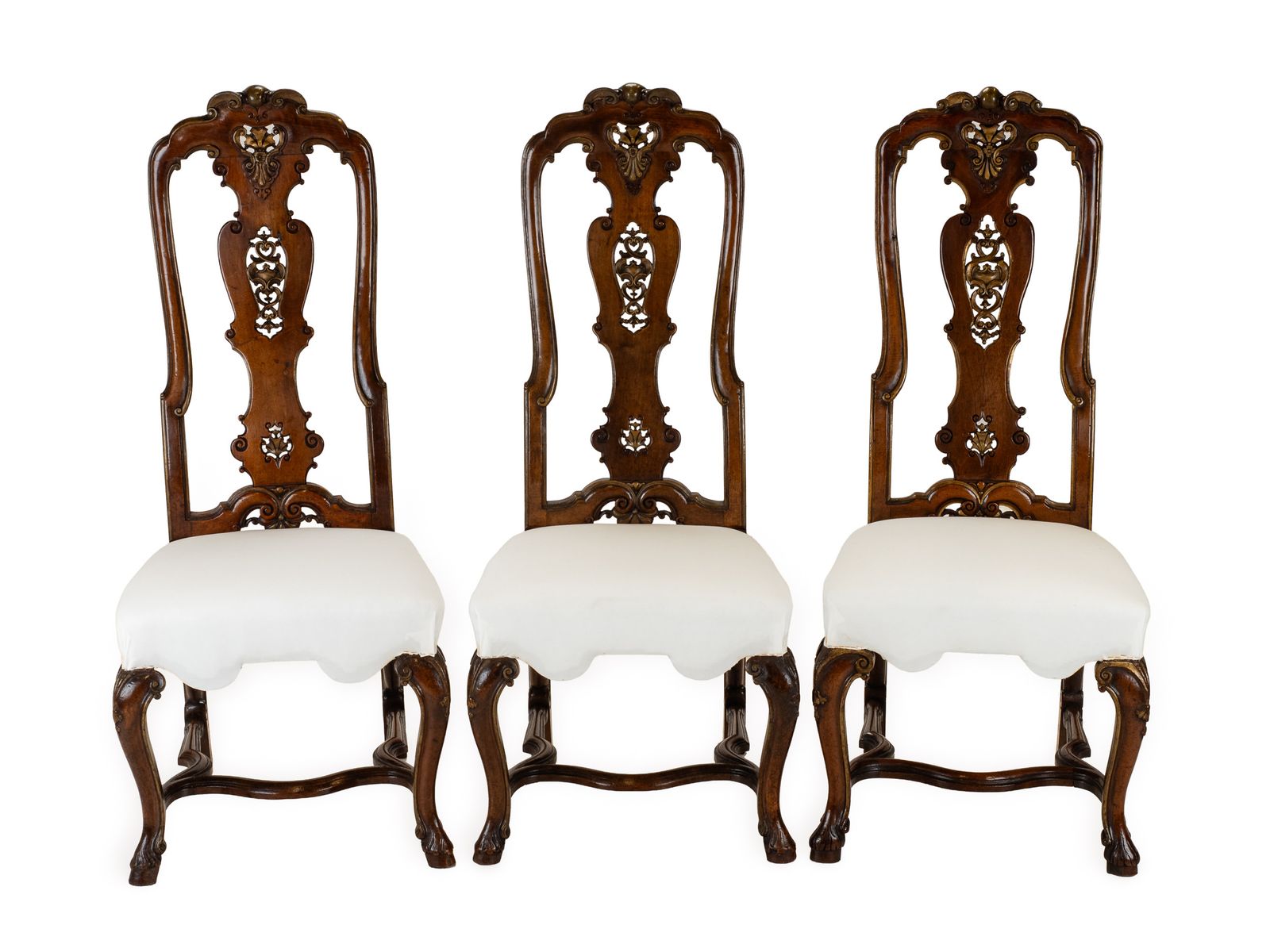 Set Of Six Anglo Dutch Walnut & Parcel Gilt High Back Dining Chairs In The Late 17th Century Queen Anne Taste, In The Manner Of Daniel Marot photo for sale