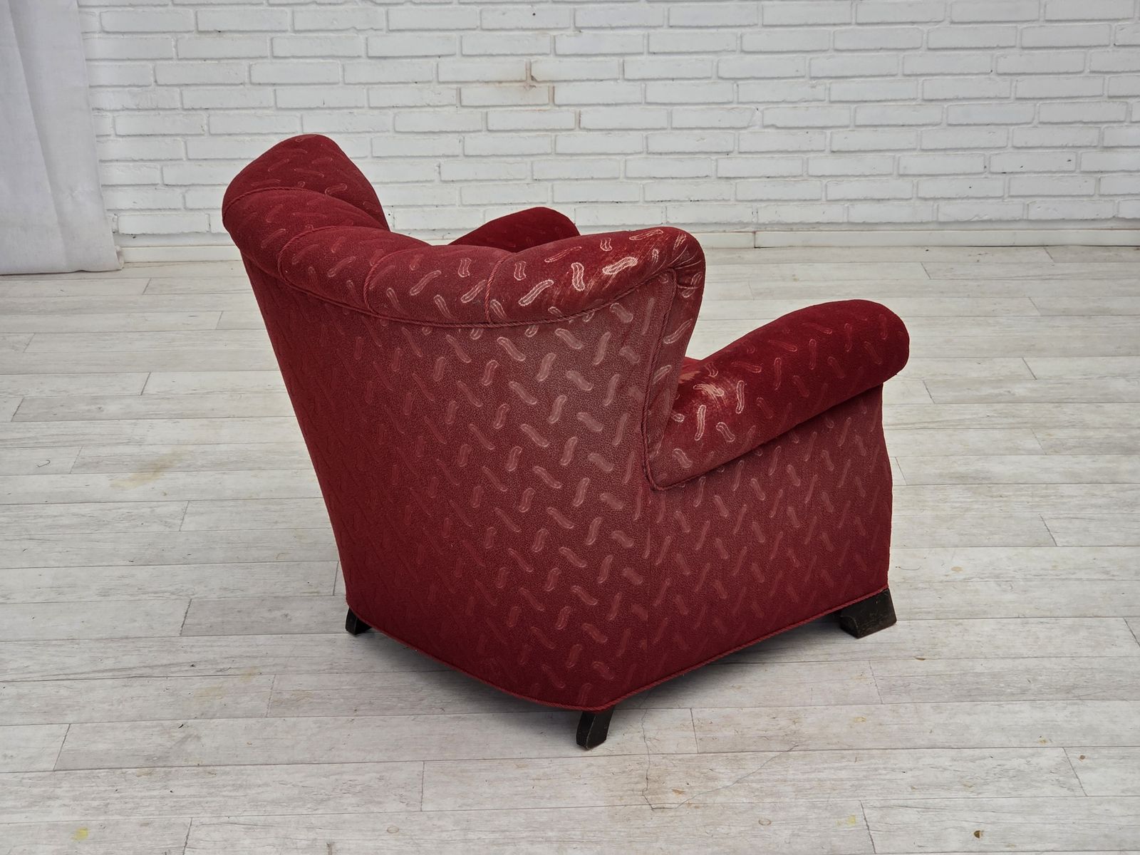 photo for sale 1950s, Danish Relax Armchair, Red Furniture Wool, Oak Wood.