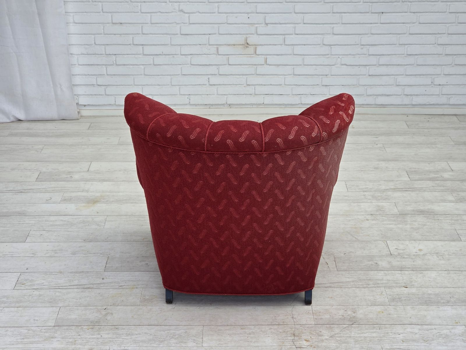 Furniture 1950s, Danish Relax Armchair, Red Furniture Wool, Oak Wood. photo