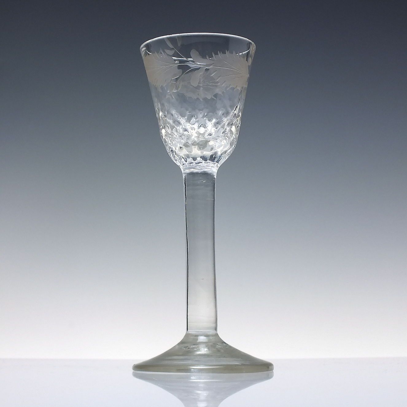 Rare 18th Century Engraved And Nut Moulded Plain Stem Wine Glass C1750 photo for sale