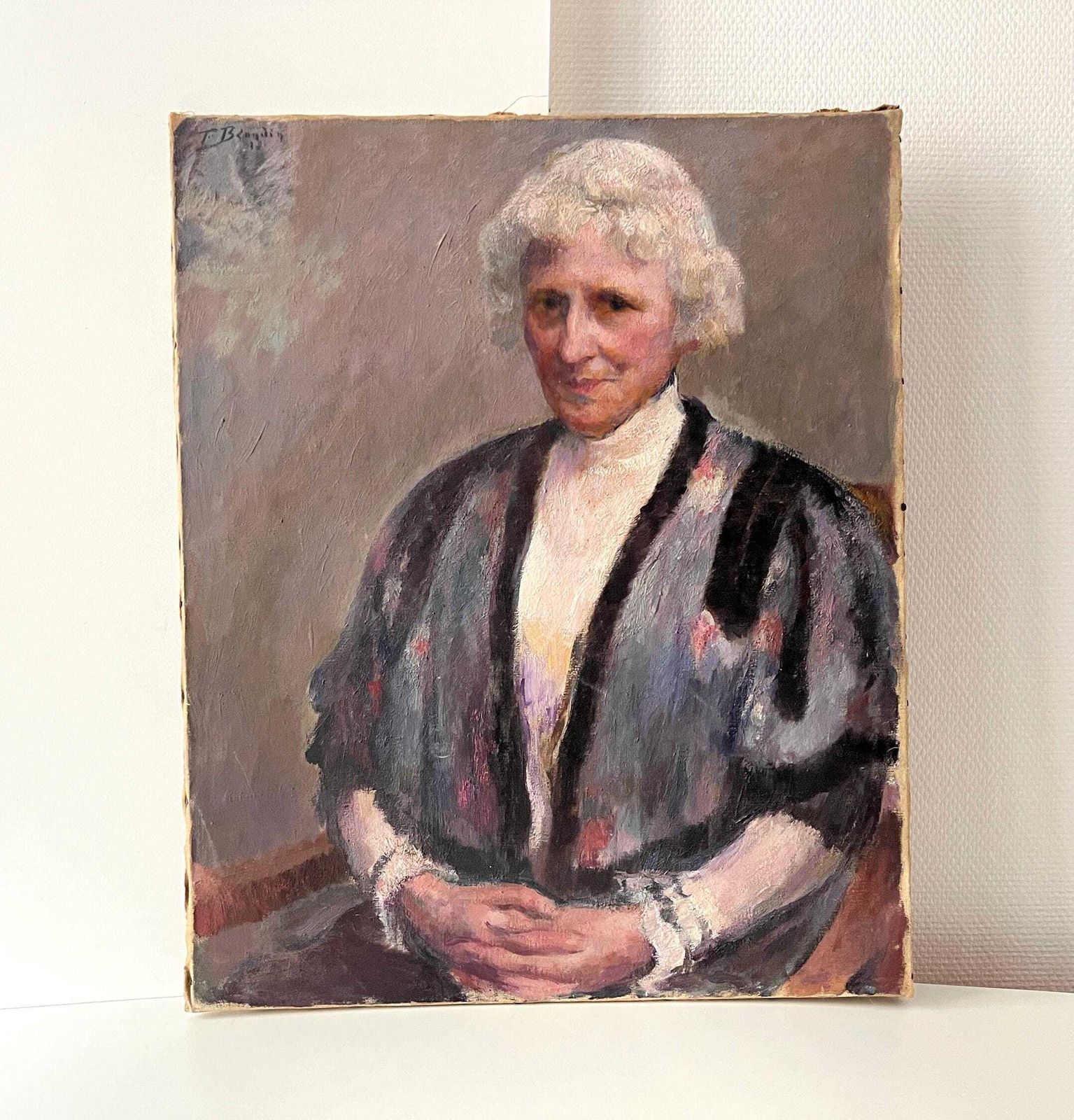 Original 1932s Antique Portrait Signed Fernand Blondin, Oil On Canvas, Vintage Painting Of An Old Woman