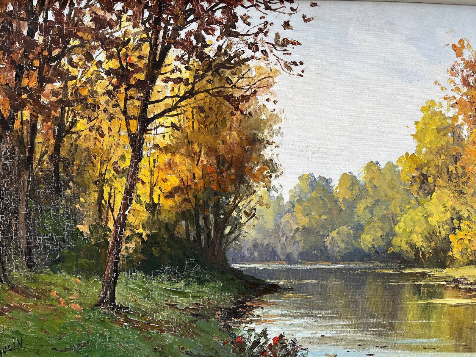 Original 1950s Oil On Canvas Of A French Fall Landscape, Antique Still Life Painting "Fall Leaves" photo for sale