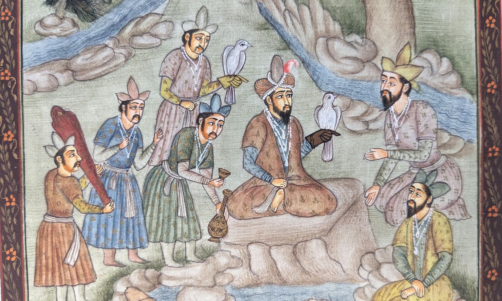 Vintage Central Asian Miniature Painting In Timurid Style On Fabric photo vinterior