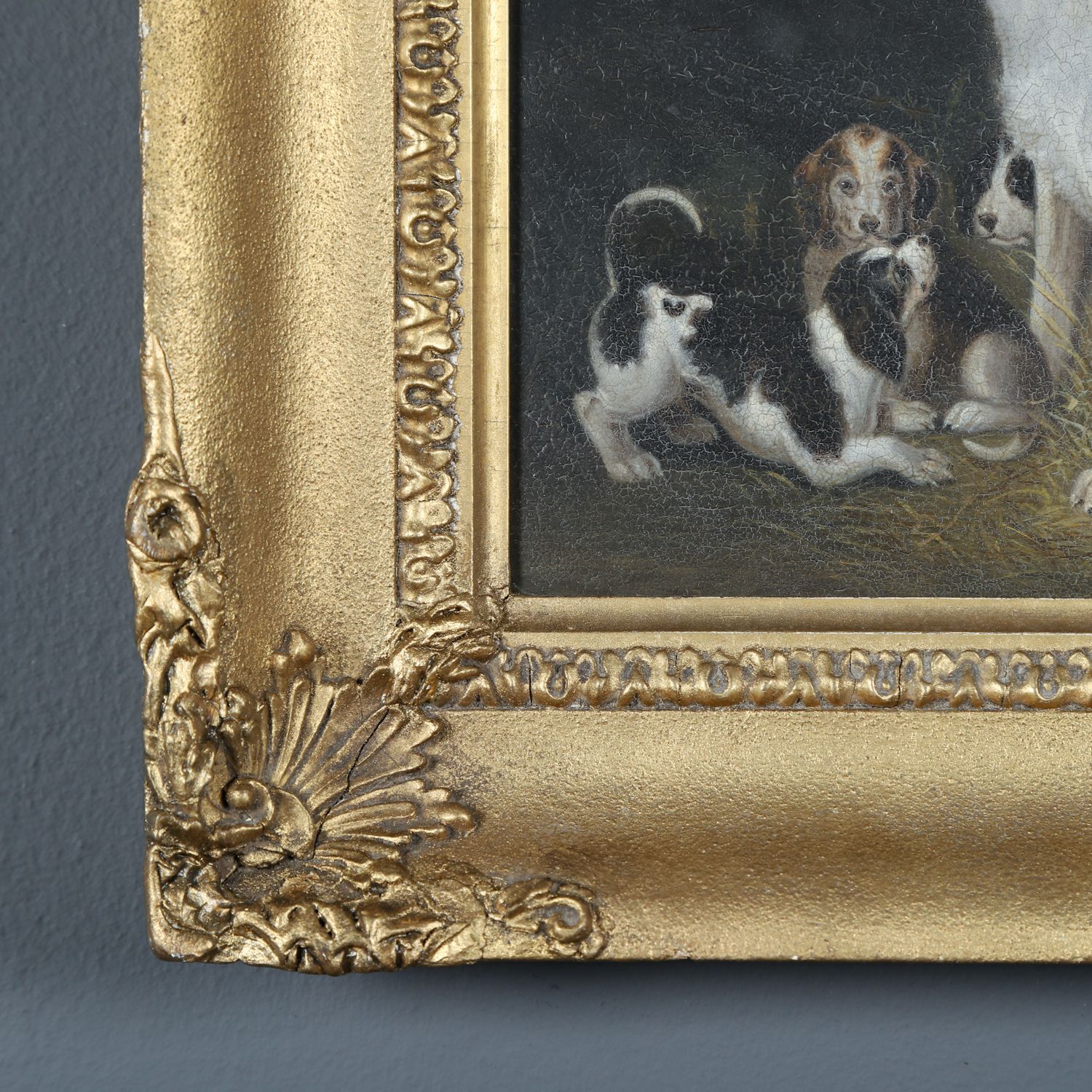 Small English Georgian Oil Painting Picture Of A Hound Dog “Lady” & Her Litter Attributed To Samuel Raven (Circa 1800) photo 2595.0