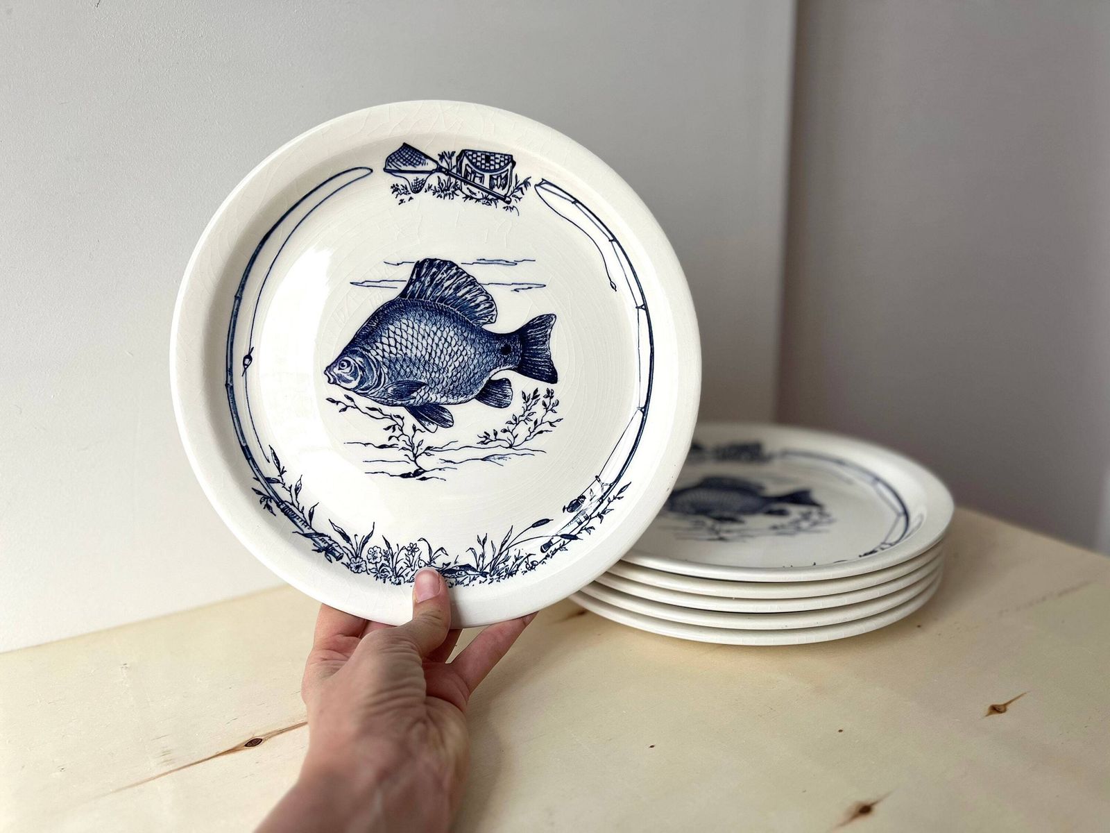 Set Of 6 Fish Dinner Plates By Gien France Vintage, Flat Plates With Fish Design