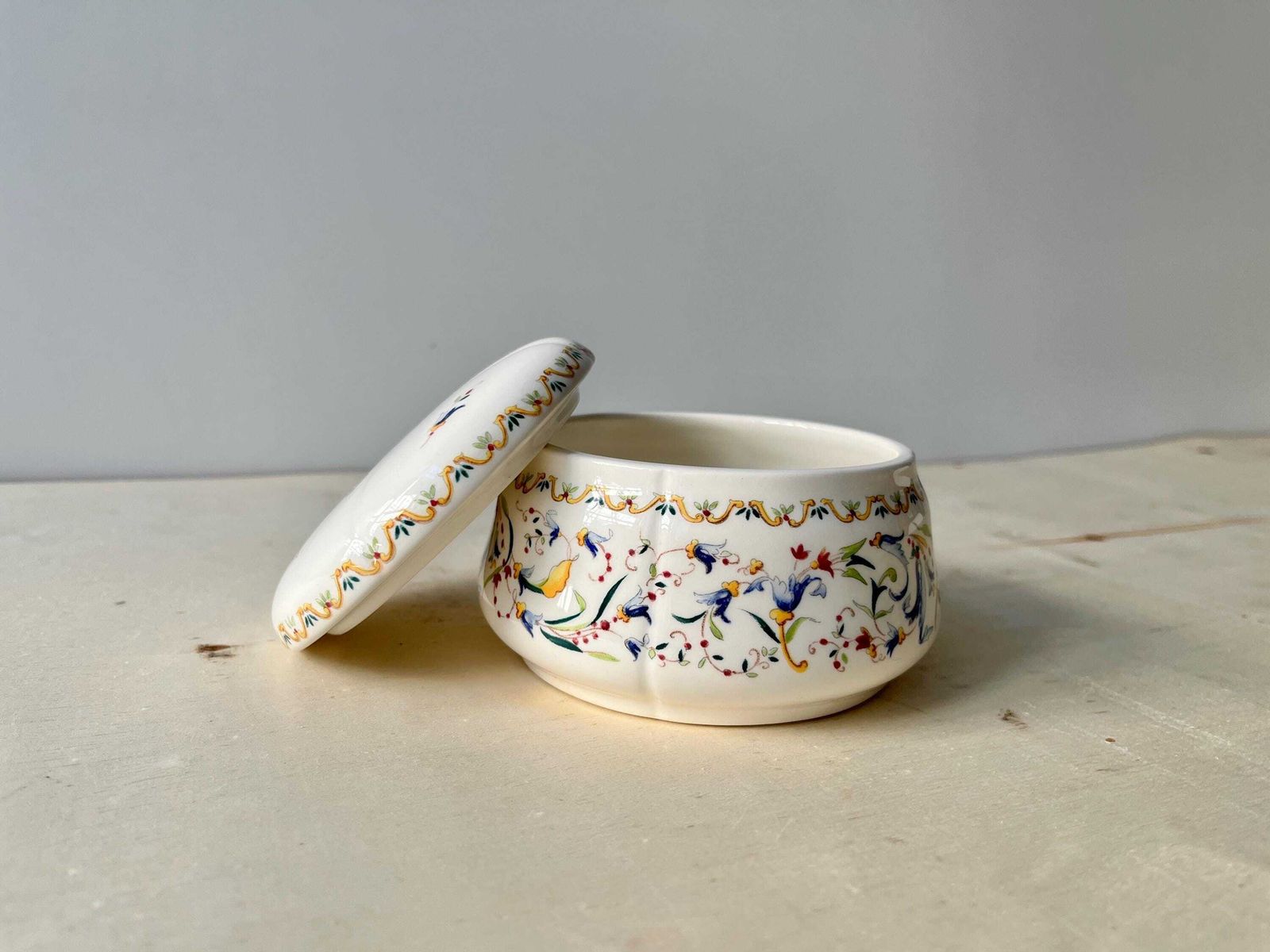 Gien Toscana Earthenware Candy Box, Round Jewelry Box, French Tableware Manufacture photo for sale