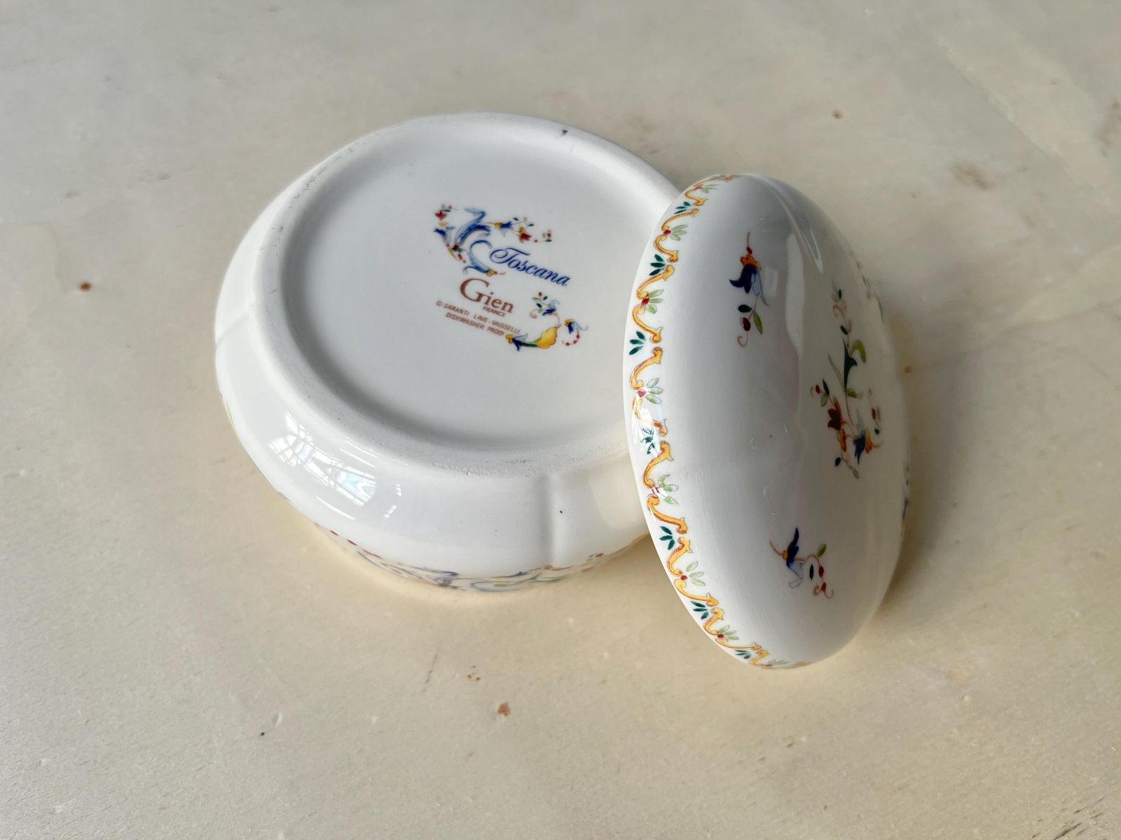 photo for sale Gien Toscana Earthenware Candy Box, Round Jewelry Box, French Tableware Manufacture