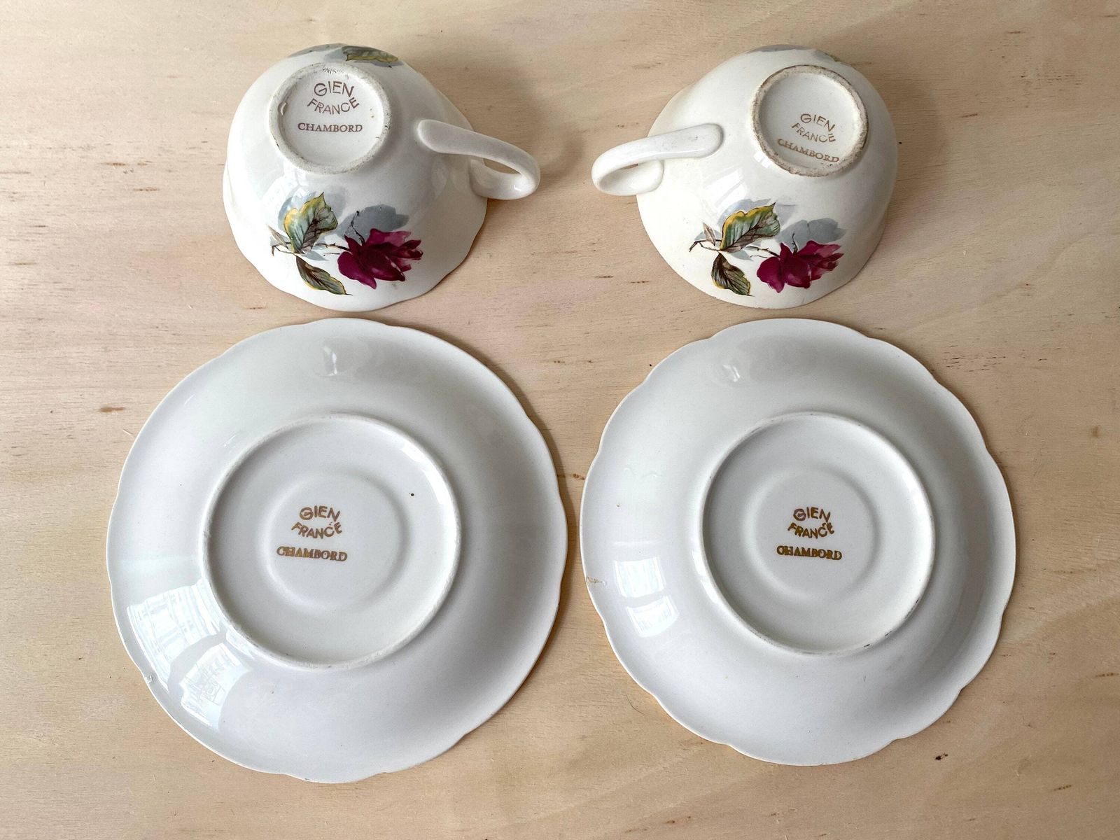 Set Of 2 Coffee / Tea Cups "Chambord" By Gien France, Vintage Earthenware Coffee Set, Cups + Saucers photo buy