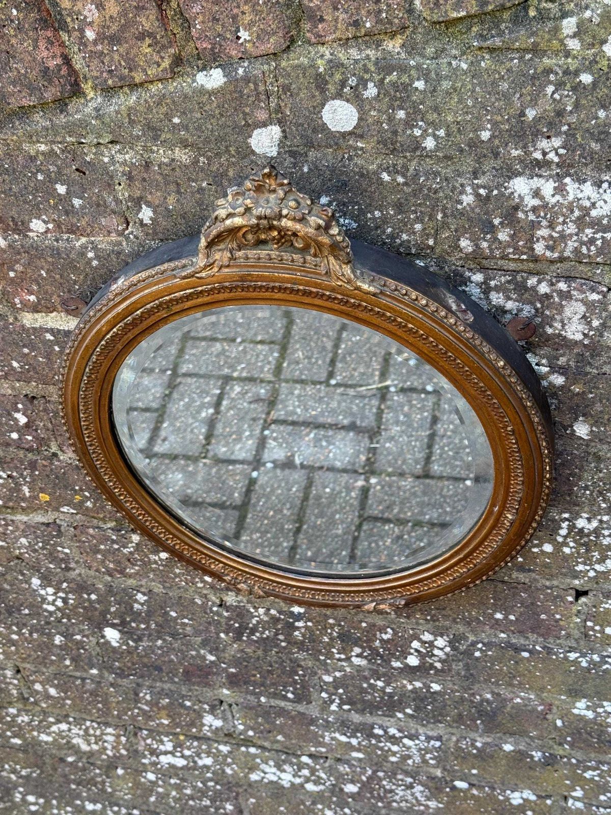 Antique Ornate Gesso Gilt Wall Mirror With Ornate Crest Detail And Shabbied Finish photo for sale
