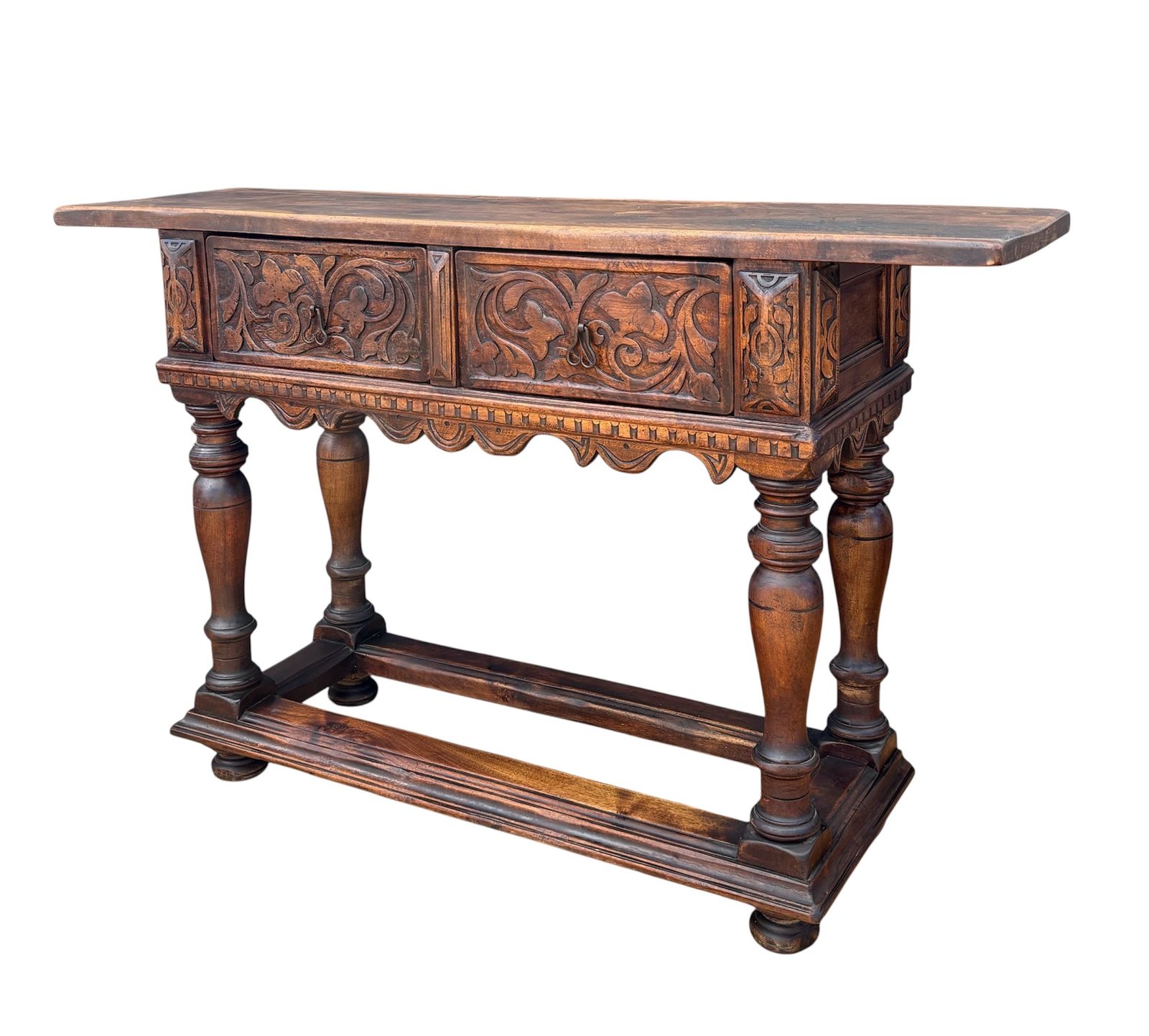 Spanish Renaissance Oak Console With Two Carved Drawers, 1890s