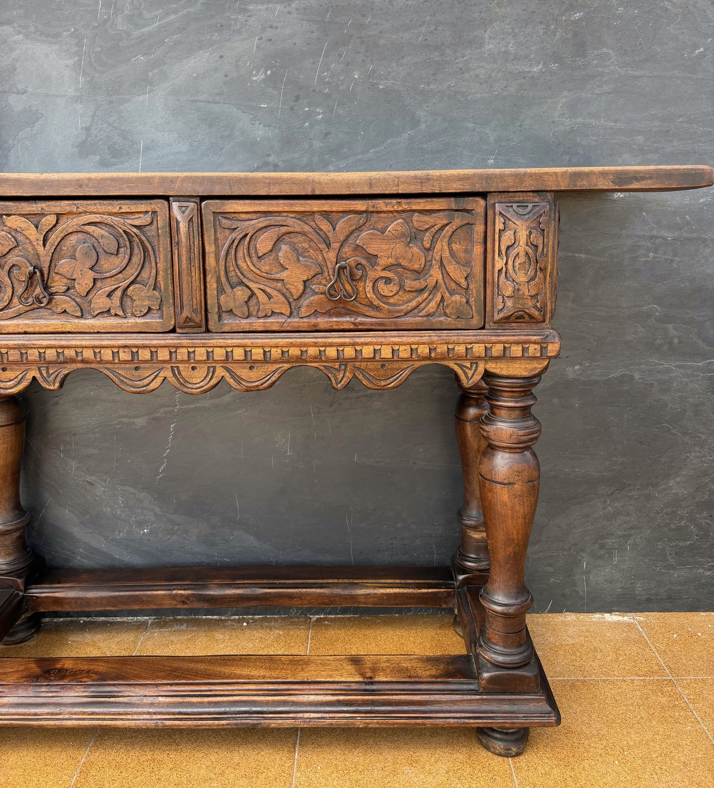 Spanish Renaissance Oak Console With Two Carved Drawers, 1890s photo Furniture