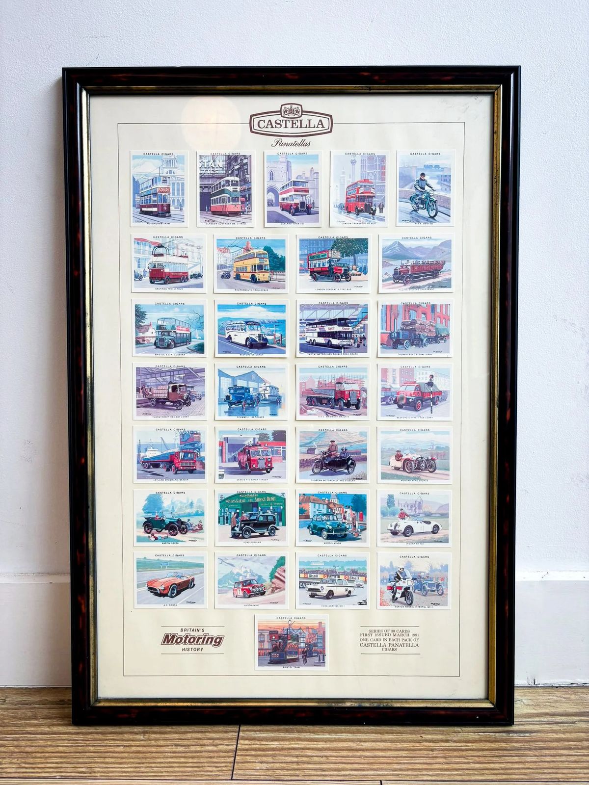 Castella “Britain’s Motoring History” Cigar Card Display, C.1930s – Framed Vintage Automobilia