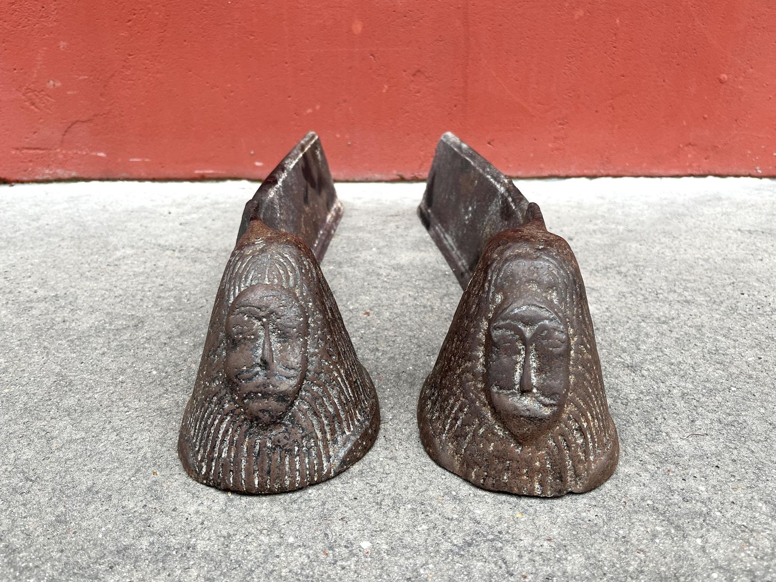 Pair Of Modernist Anthropomorphic Fireplace Andirons, 1950s Antique Firedogs, Vintage Cast Iron Folk Art Andirons